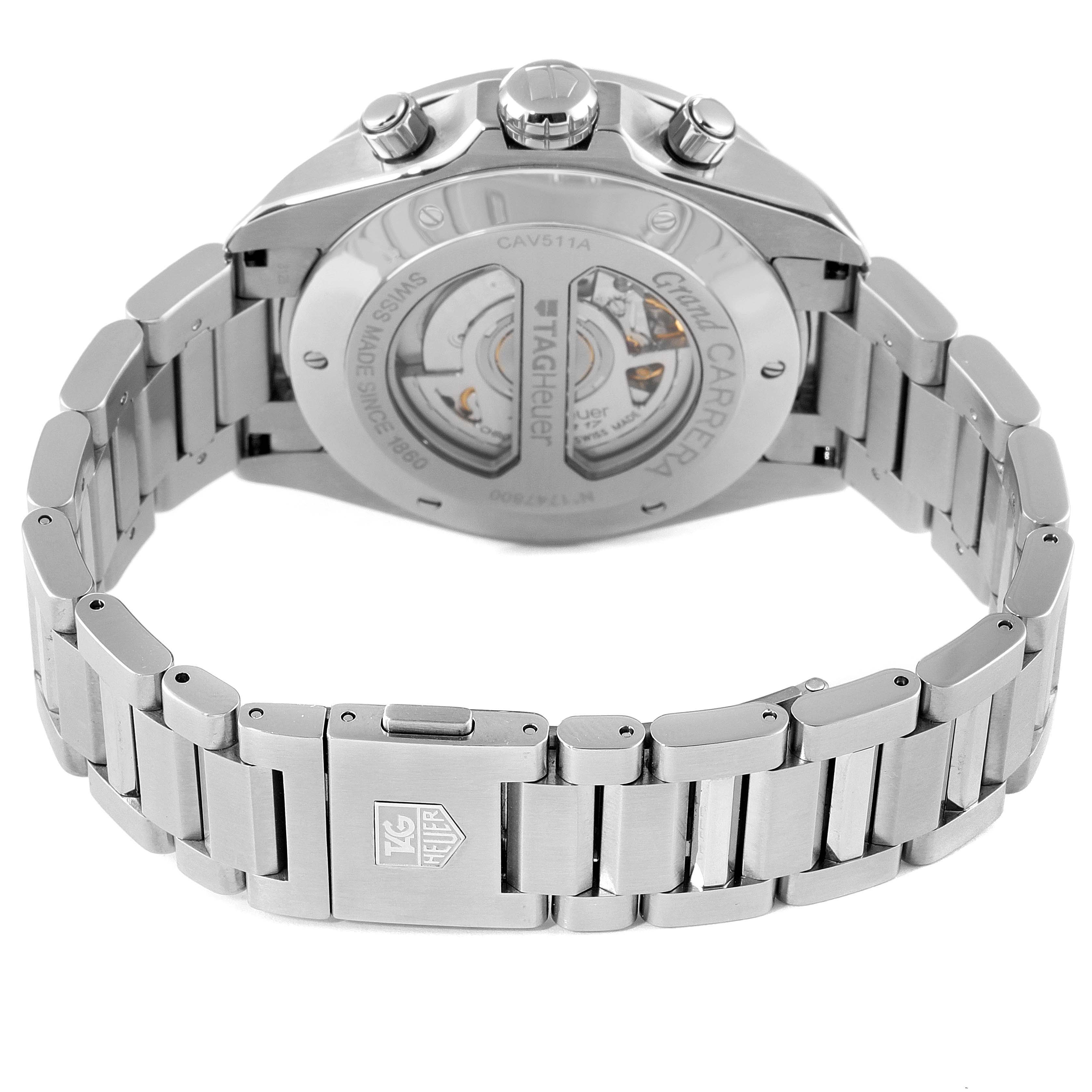 The image shows the back view of a Tag Heuer Carrera CAV511A Men
s Stainless Steel Black Dial CAV511A Men
s Stainless Steel Black Dial watch, highlighting its stainless steel bracelet and transparent case back.