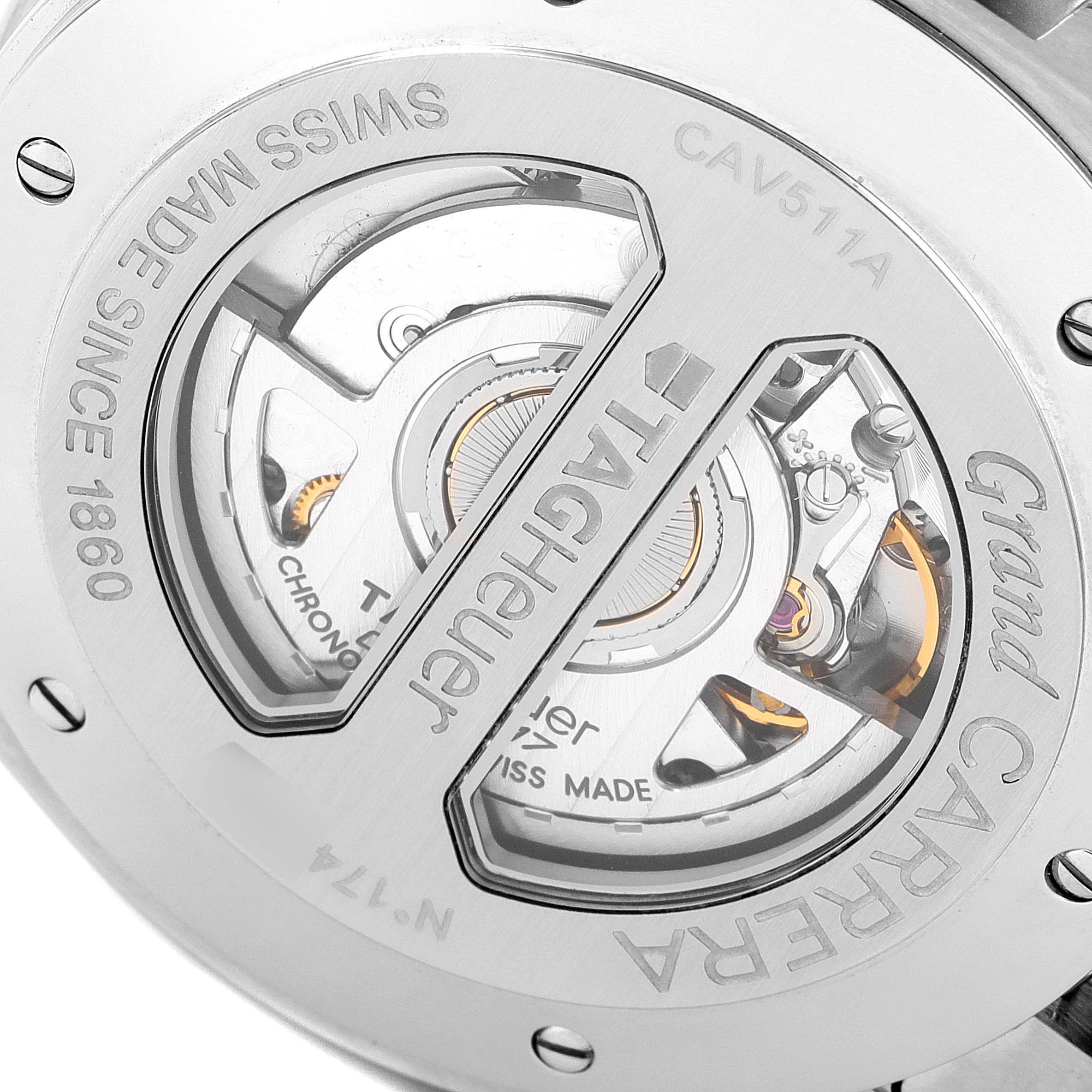 This image shows the back of a Tag Heuer Carrera CAV511A Men
s Stainless Steel Black Dial CAV511A Men
s Stainless Steel Black Dial watch, highlighting its intricate automatic movement.