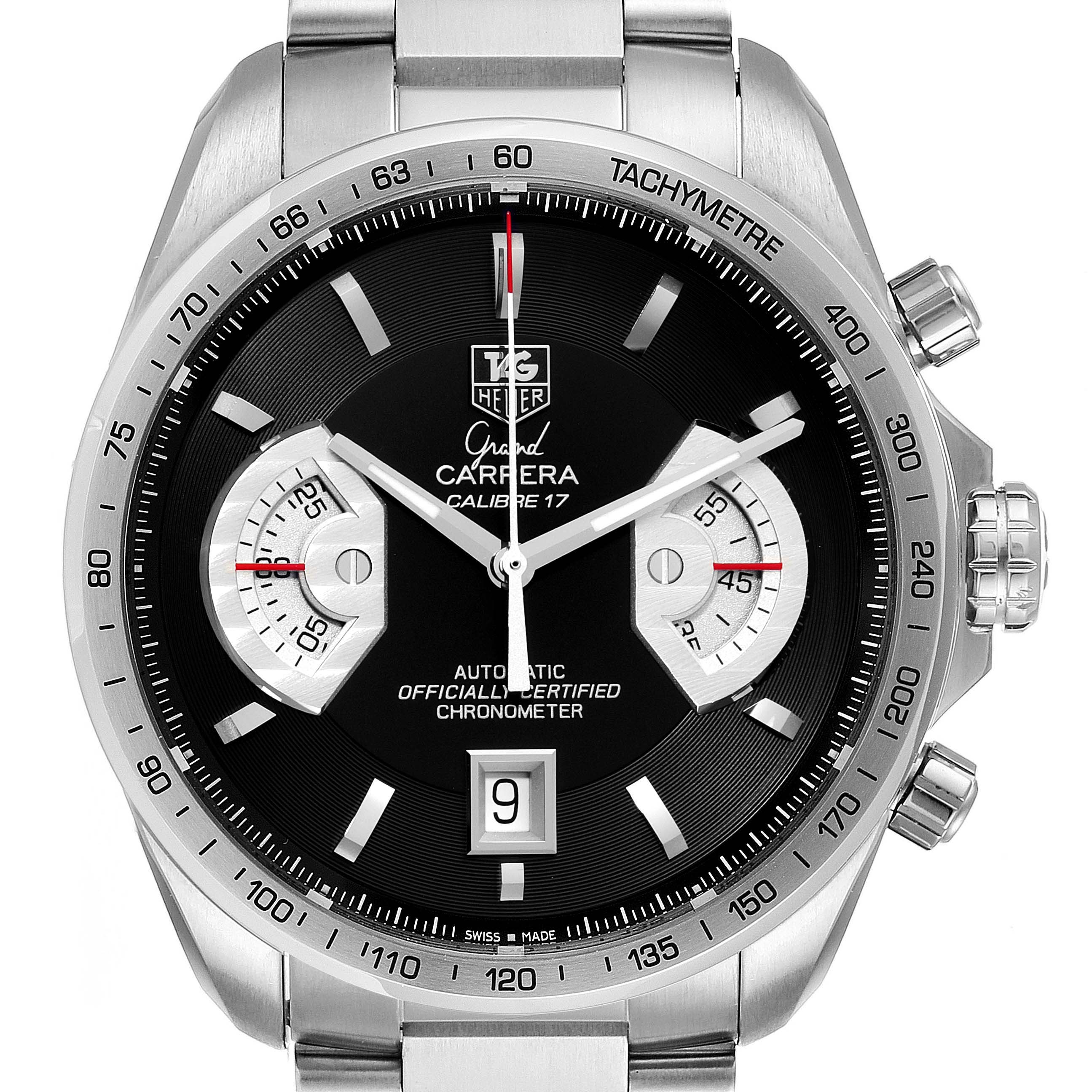 The image shows a frontal view of the Tag Heuer Carrera CAV511A Men
s Stainless Steel Black Dial CAV511A Men
s Stainless Steel Black Dial watch, highlighting its dial, chronometer, and tachymeter.