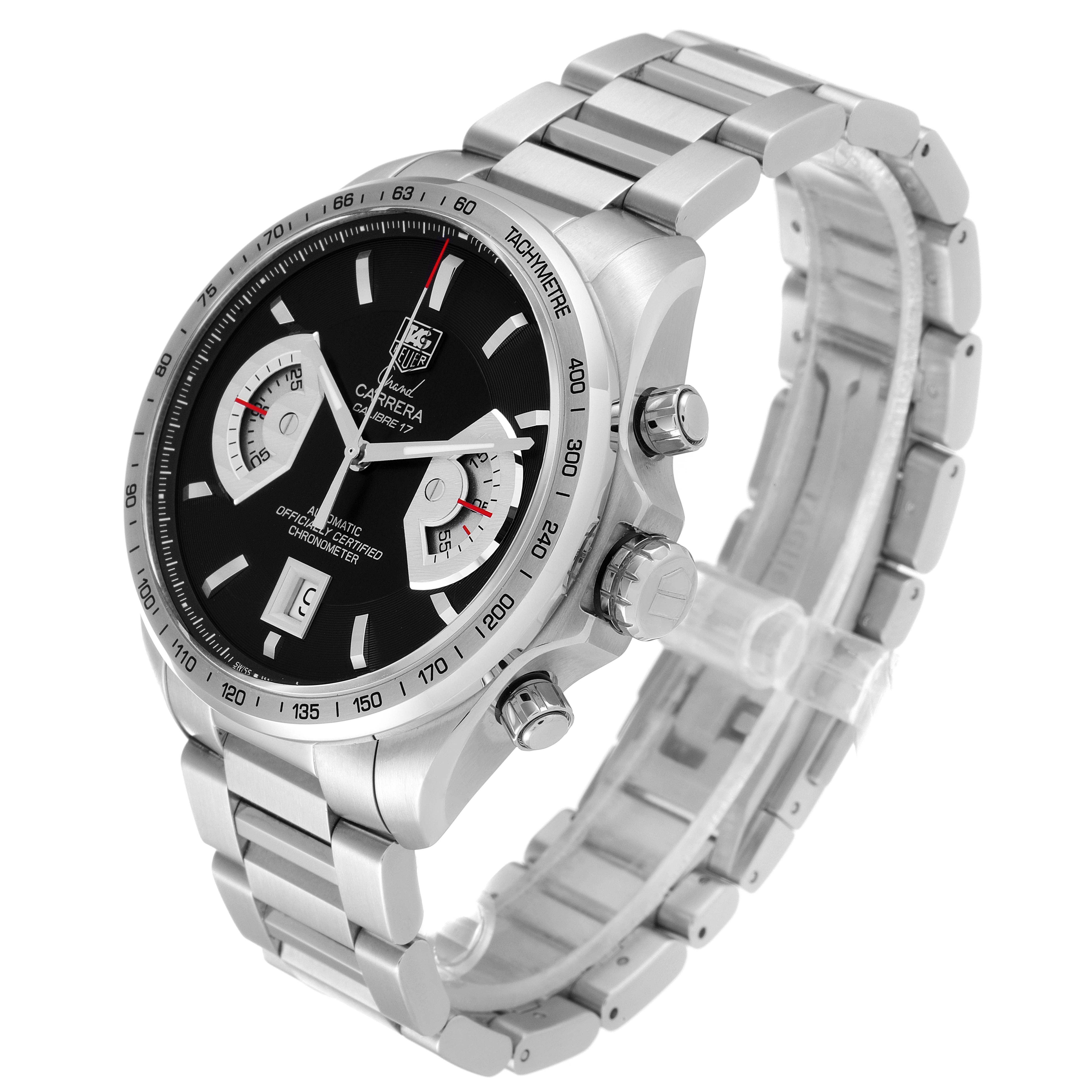 This image shows the front and right side of the Tag Heuer Carrera CAV511A Men
s Stainless Steel Black Dial CAV511A Men
s Stainless Steel Black Dial watch, highlighting the watch face, bezel, and bracelet.