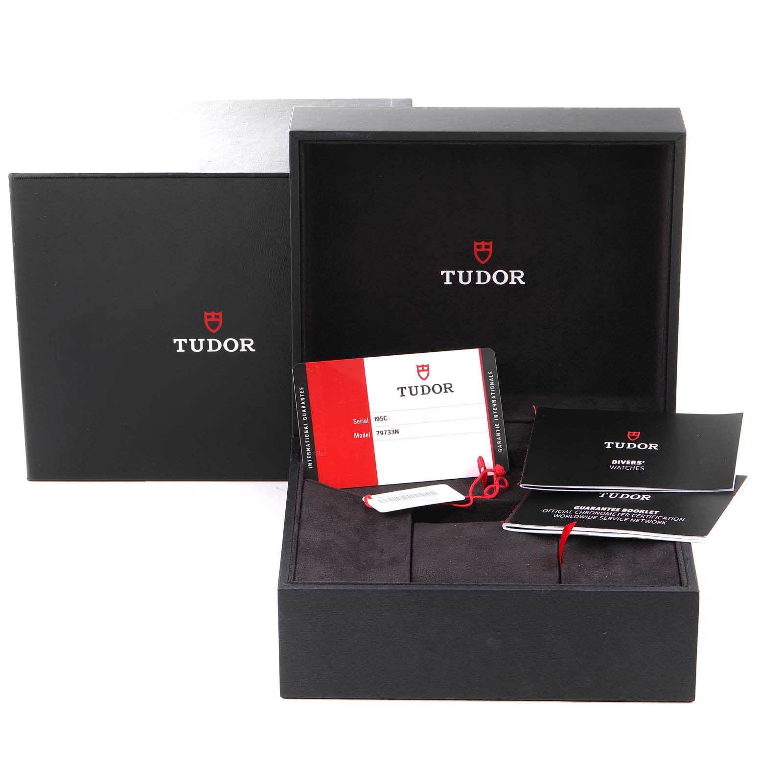 The image shows the packaging, warranty card, and user manuals for the Tudor Heritage Black Bay 79733 Men's Steel and Gold (two tone) Black Dial 79733 Men's Steel and Gold (two tone) Black Dial watch.