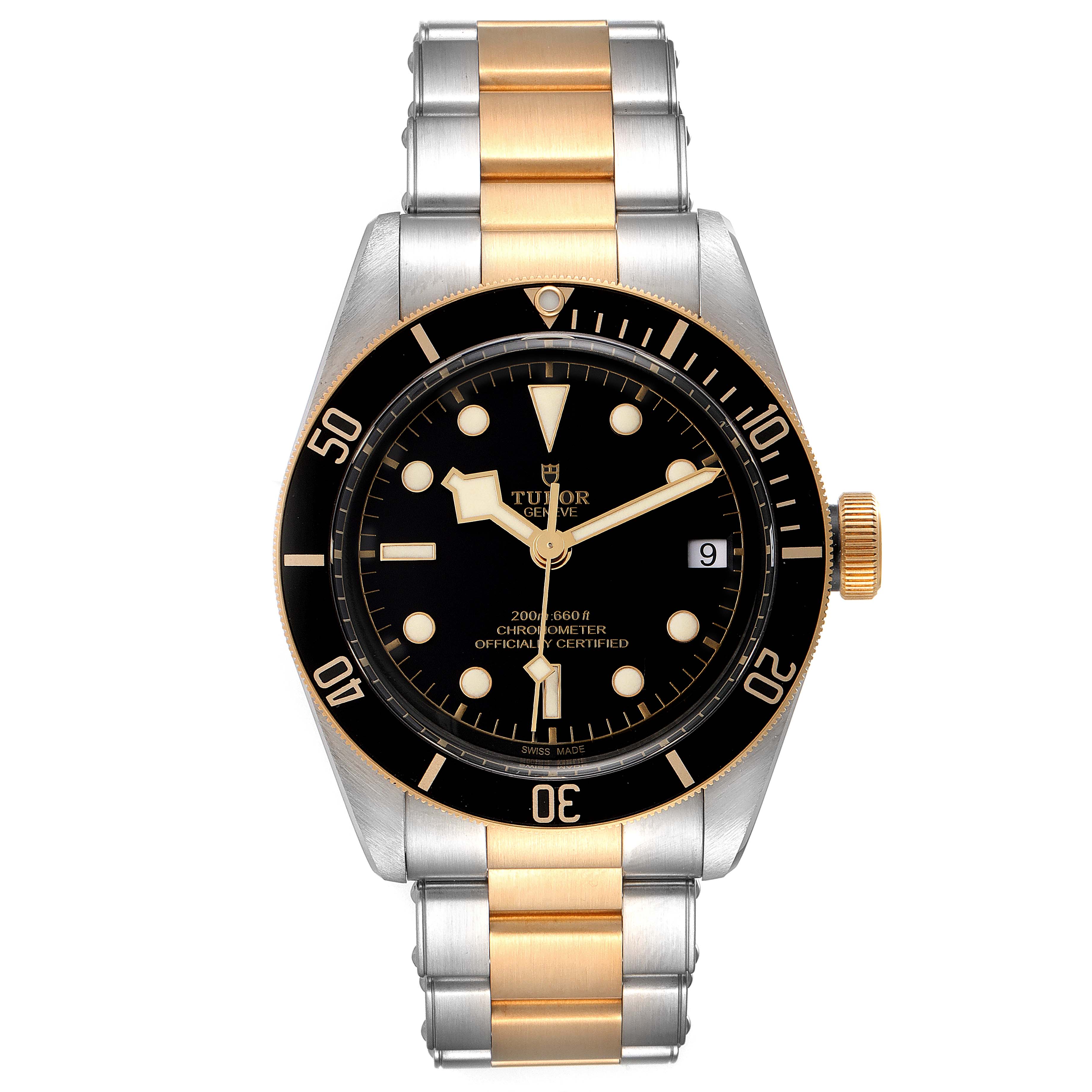 The Tudor Heritage Black Bay 79733 Men's Steel and Gold (two tone) Black Dial 79733 Men's Steel and Gold (two tone) Black Dial watch is shown from a front angle, highlighting its bezel, crown, dial, and two-tone bracelet.