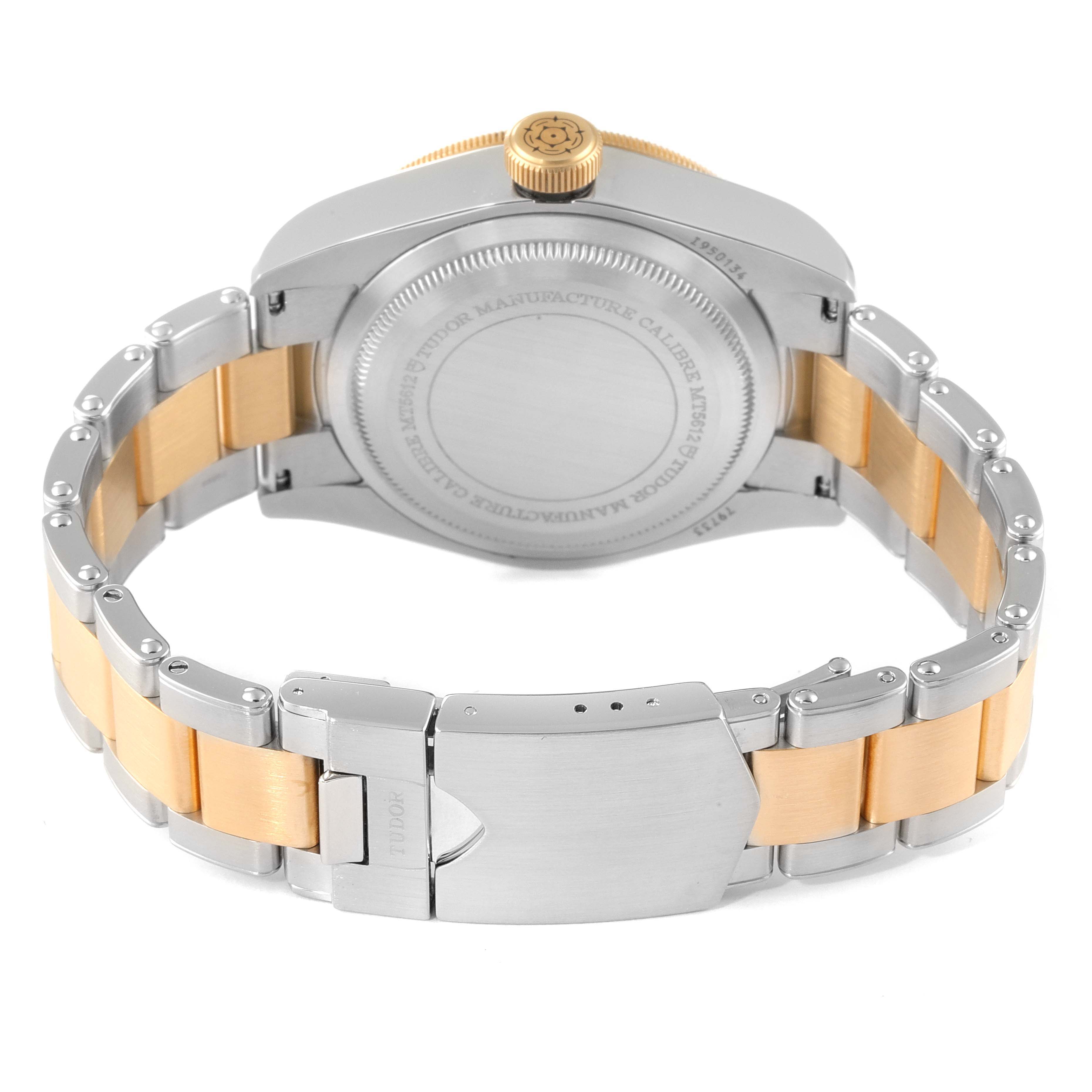 This image shows the backside and bracelet of the Tudor Heritage Black Bay 79733 Men's Steel and Gold (two tone) Black Dial 79733 Men's Steel and Gold (two tone) Black Dial watch, highlighting the case back, bracelet, and clasp.
