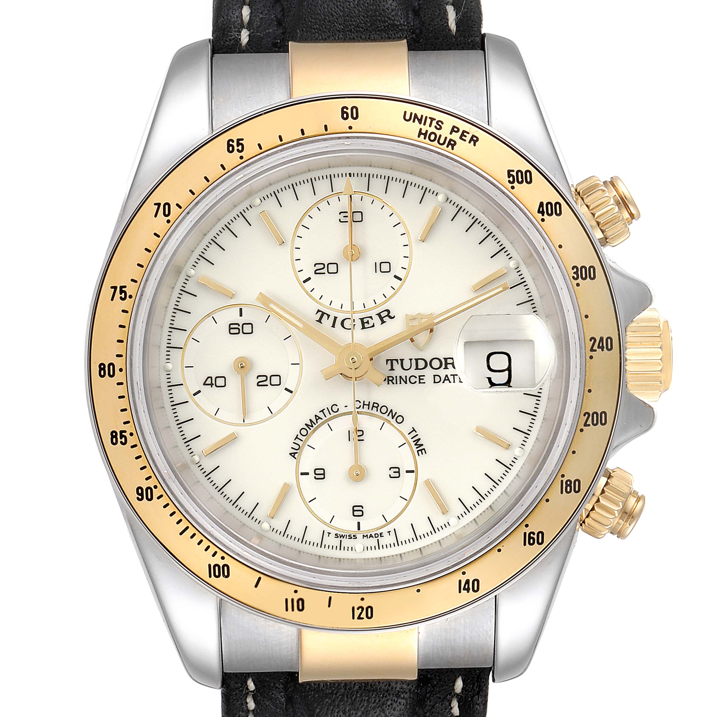 The image shows a front view of the Tudor Tiger 79263 Men's Steel and Gold (two tone) White Dial 79263 Men's Steel and Gold (two tone) White Dial model watch, highlighting its dial, bezel, crown, and subdials.