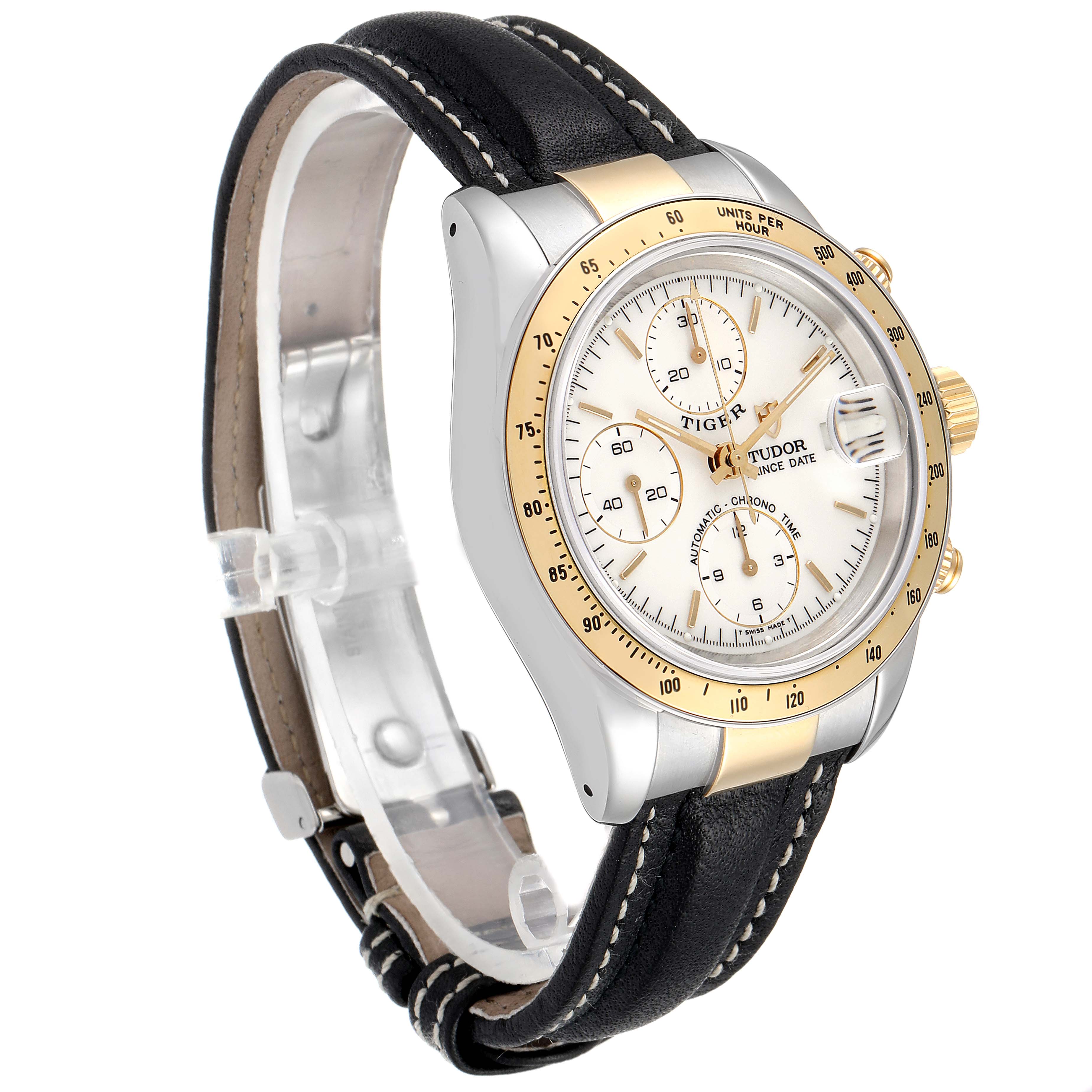 The Tudor Tiger 79263 Men's Steel and Gold (two tone) White Dial 79263 Men's Steel and Gold (two tone) White Dial model watch is shown at an angle highlighting the face, bezel, crown, pushers, and leather strap.