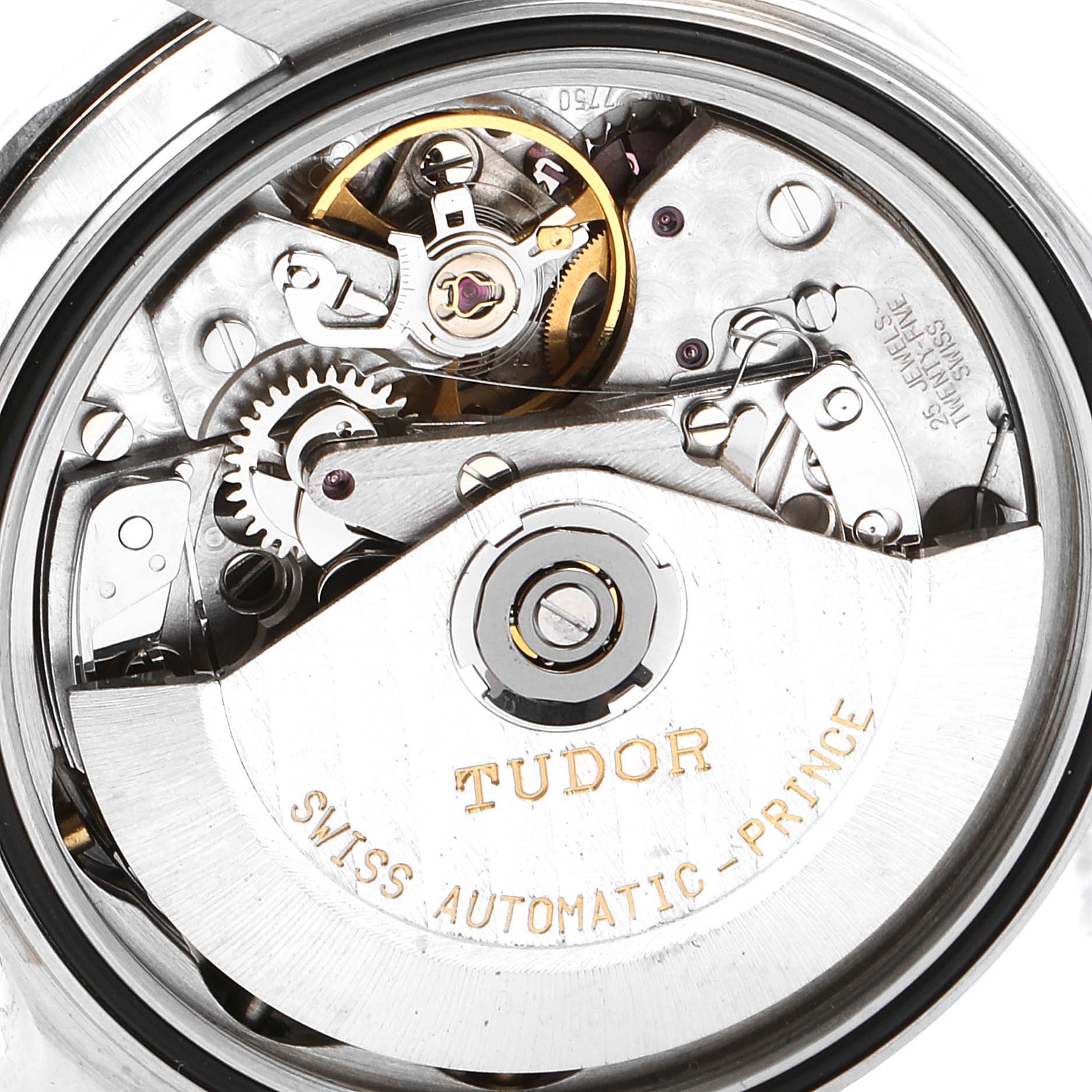The image shows the inner mechanical movement of a Tudor Tiger 79263 Men's Steel and Gold (two tone) White Dial 79263 Men's Steel and Gold (two tone) White Dial model watch from a close-up angle.