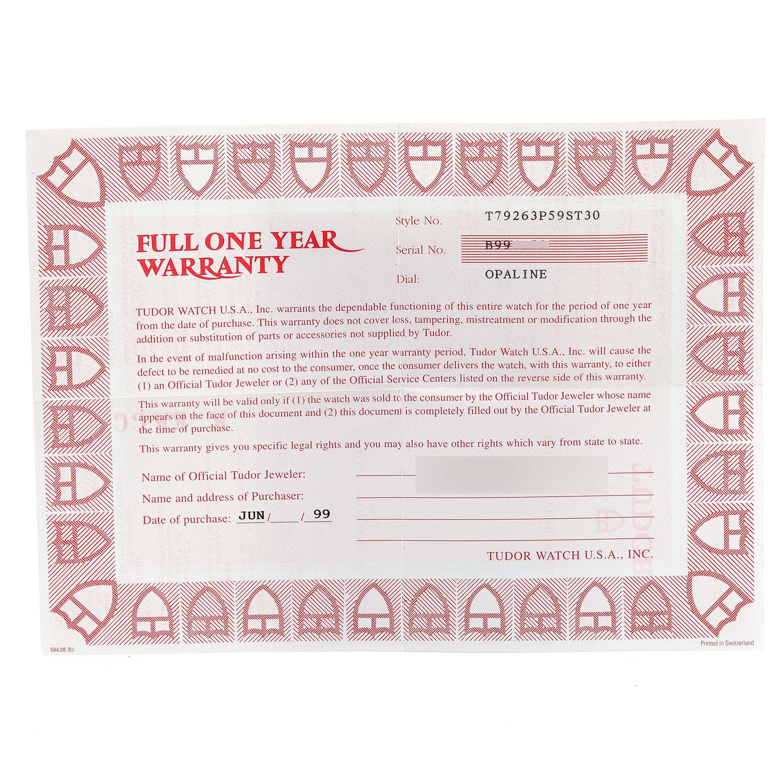 The image shows a full one-year warranty card for the Tudor Tiger 79263 Men's Steel and Gold (two tone) White Dial 79263 Men's Steel and Gold (two tone) White Dial model watch.