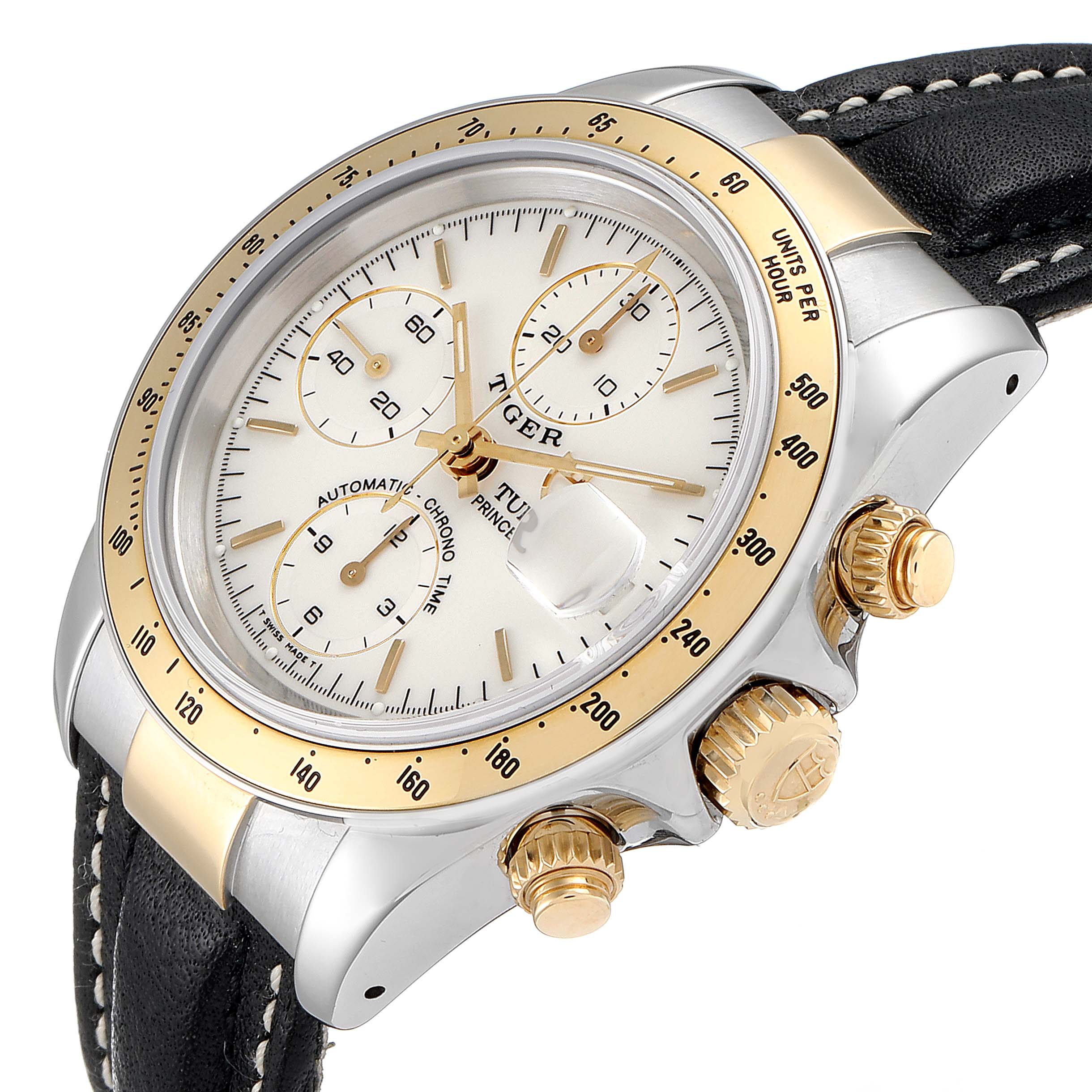 The image shows an angled view of the Tudor Tiger 79263 Men's Steel and Gold (two tone) White Dial 79263 Men's Steel and Gold (two tone) White Dial watch, highlighting its dial, bezel, sub-dials, and crown.