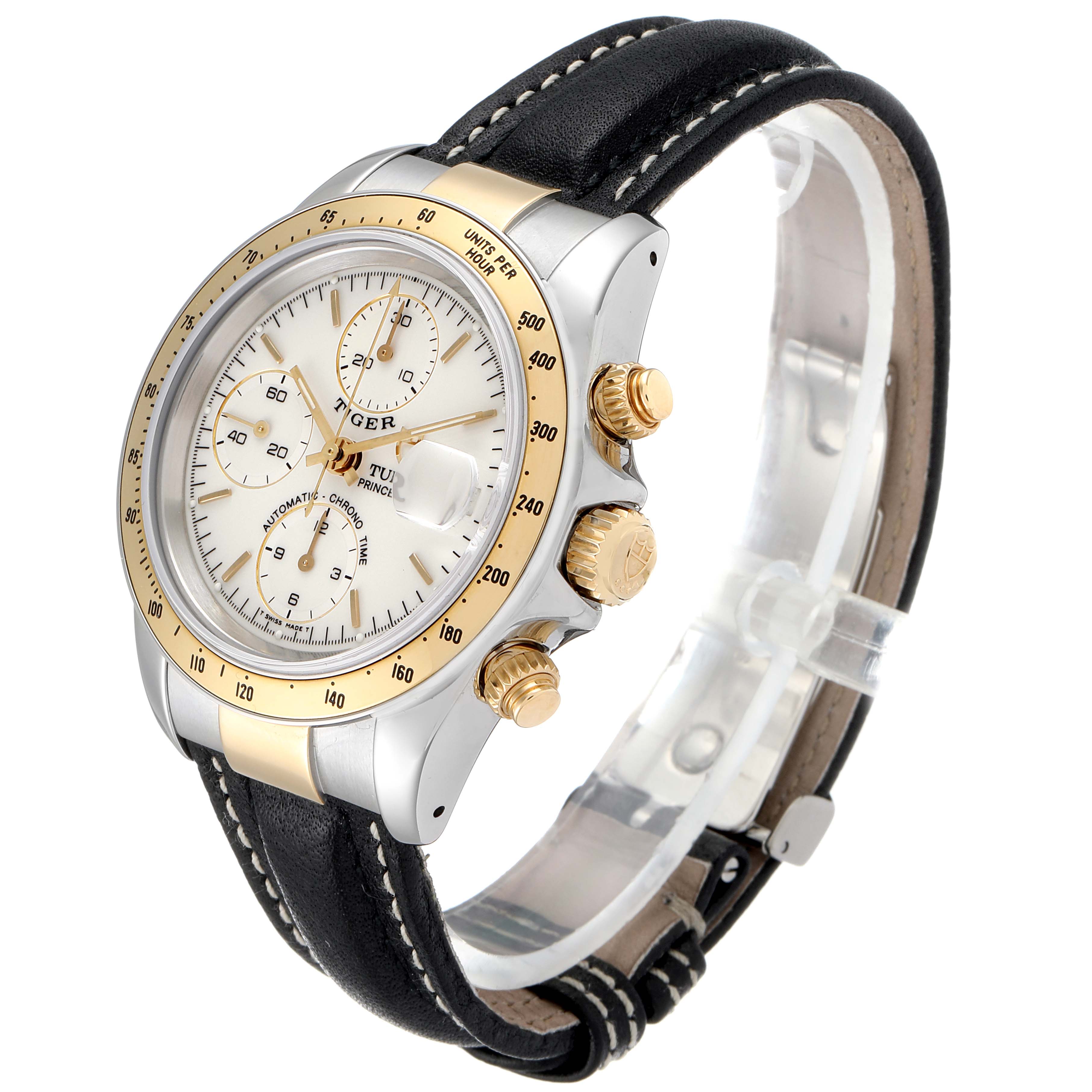 The Tudor Tiger 79263 Men's Steel and Gold (two tone) White Dial 79263 Men's Steel and Gold (two tone) White Dial watch is shown at an angle displaying the dial, bezel, crown, pushers, and partially the leather strap.