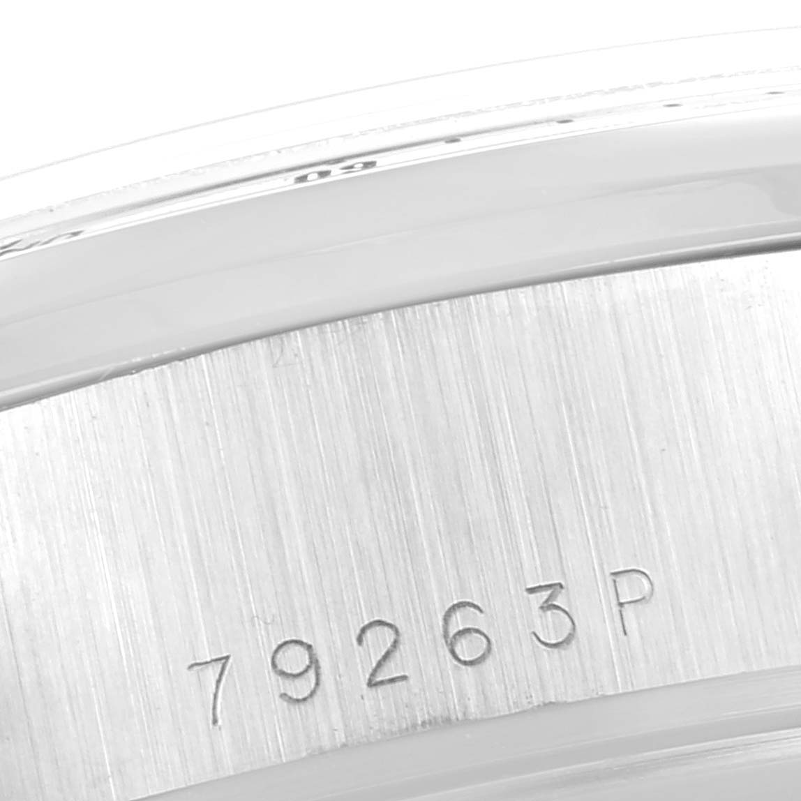 The image shows a close-up side angle of the Tudor Tiger 79263 Men's Steel and Gold (two tone) White Dial 79263 Men's Steel and Gold (two tone) White Dial model watch case with the model number 79263P.