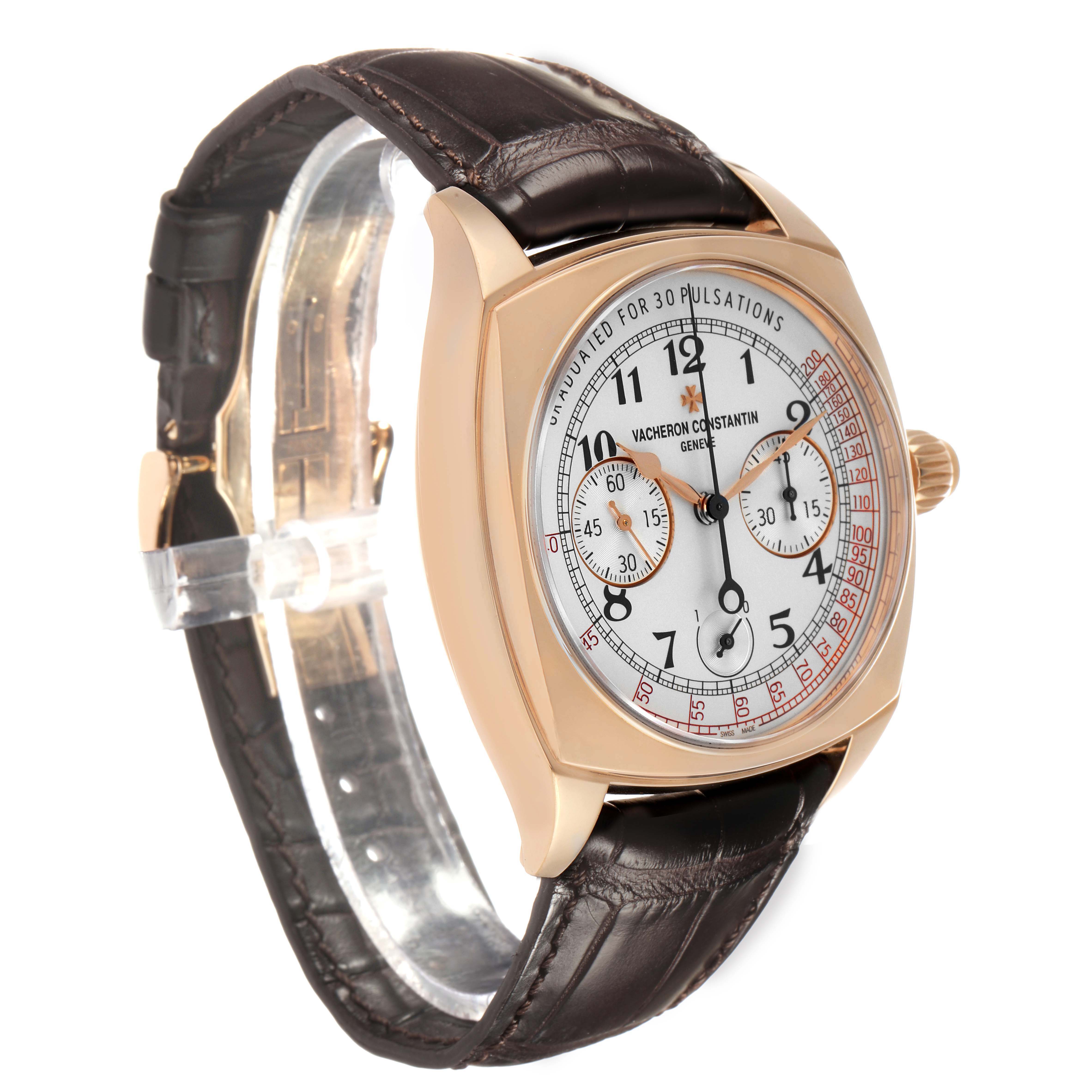 The Harmony model by Vacheron Constantin is shown at a three-quarter angle displaying its face and brown leather strap.