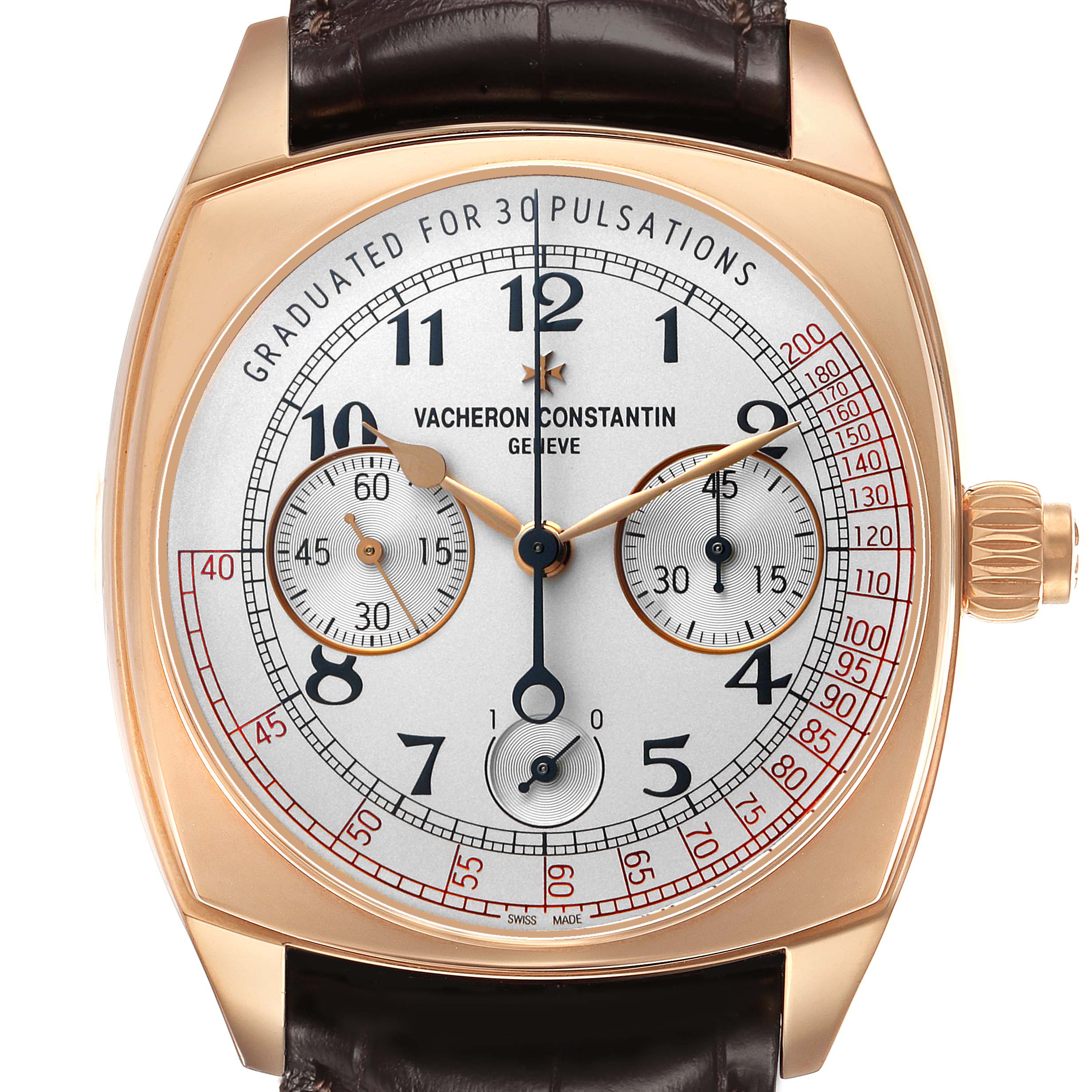 The Vacheron Constantin Harmony 5300S/000R-B055 Men's Rose Gold Silver Dial watch is shown from the front, highlighting its dial, sub-dials, and crown.