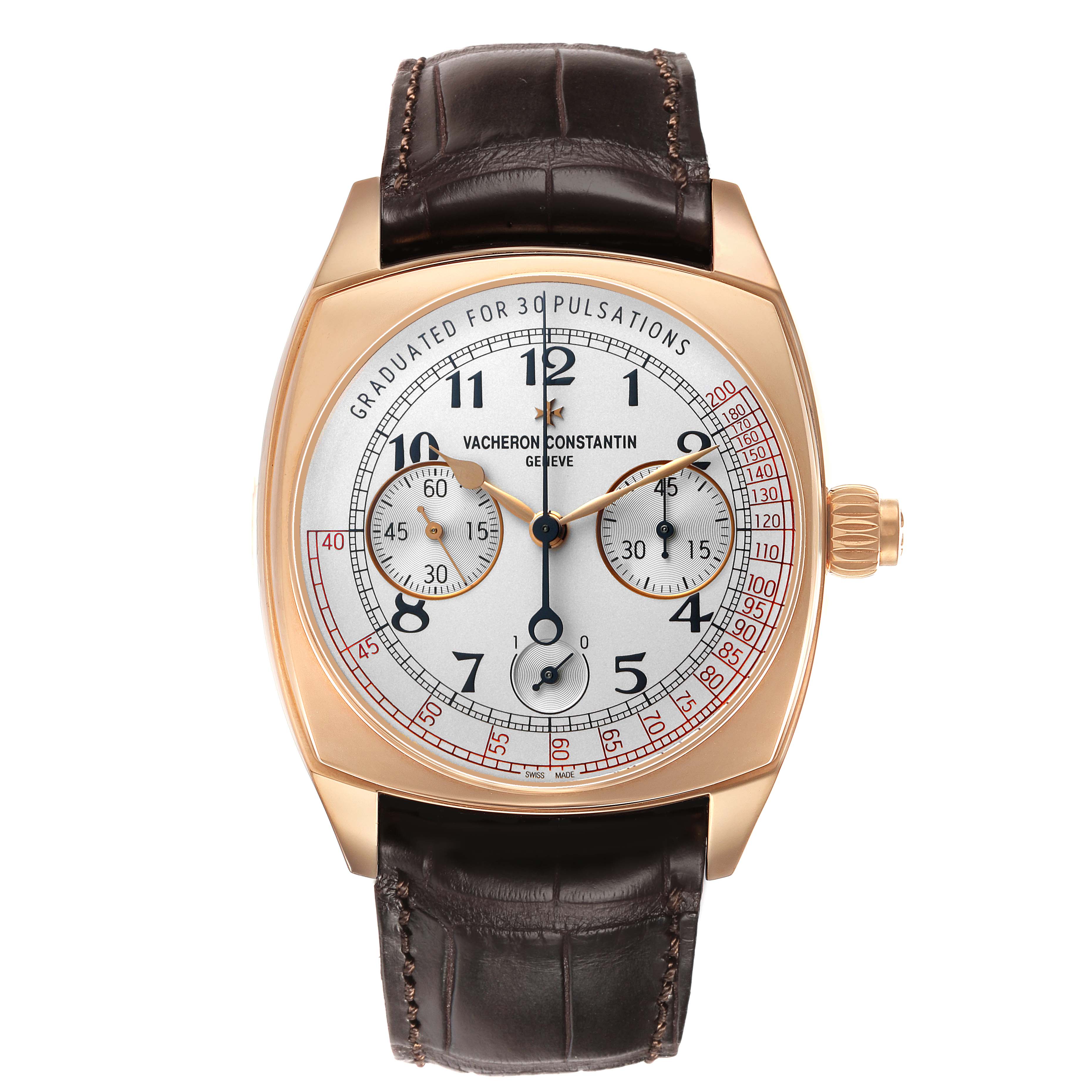 The Vacheron Constantin Harmony 5300S/000R-B055 Men's Rose Gold Silver Dial watch is shown from a top-down angle, displaying its dial, case, and leather strap.