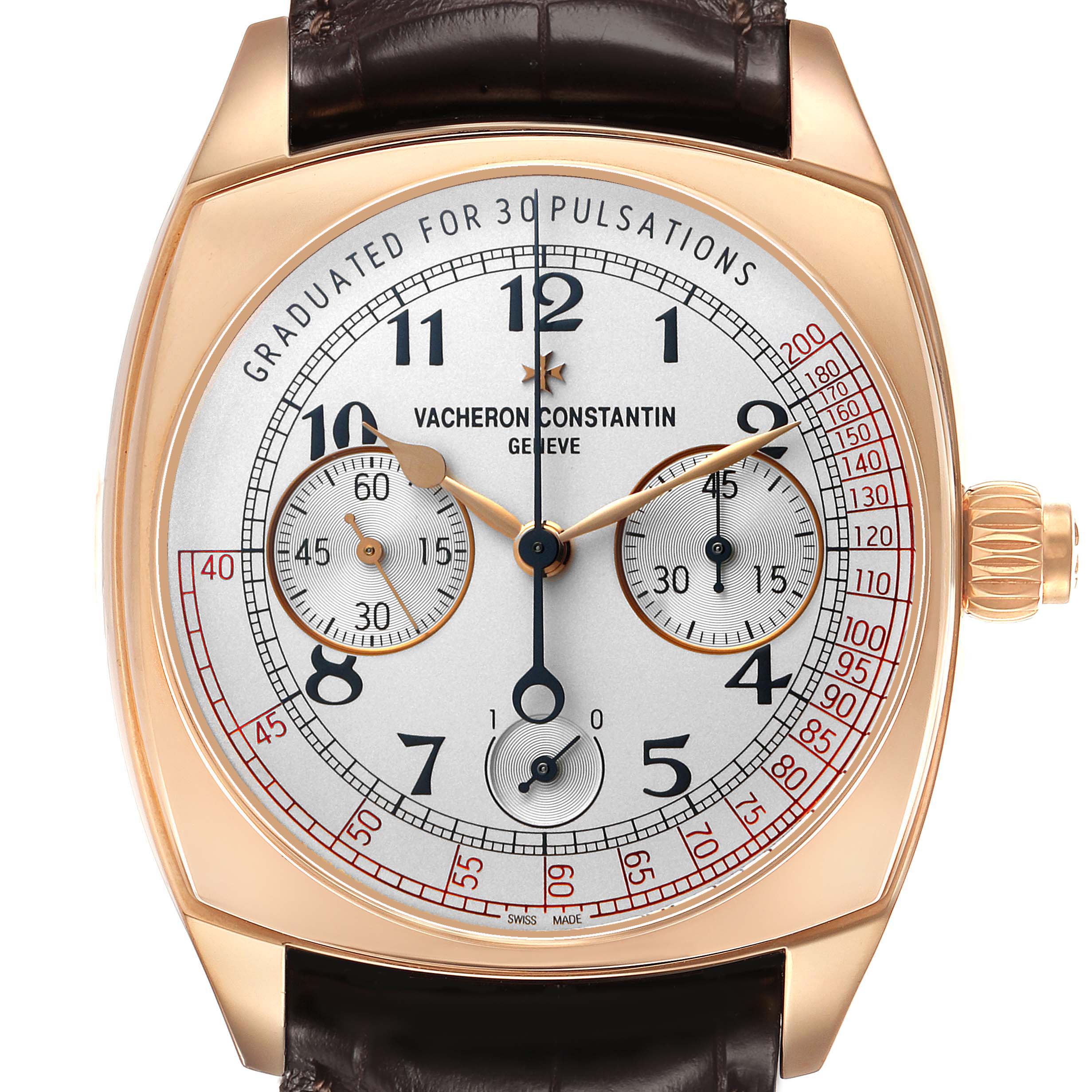 The Vacheron Constantin Harmony 5300S/000R-B055 Men's Rose Gold Silver Dial watch is shown from the front, highlighting its dial, subdials, and the crown on the right side.