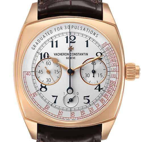 The Vacheron Constantin Harmony 5300S/000R-B055 Men's Rose Gold Silver Dial watch is shown from a front view, featuring its dial, chronograph subdials, and crown.