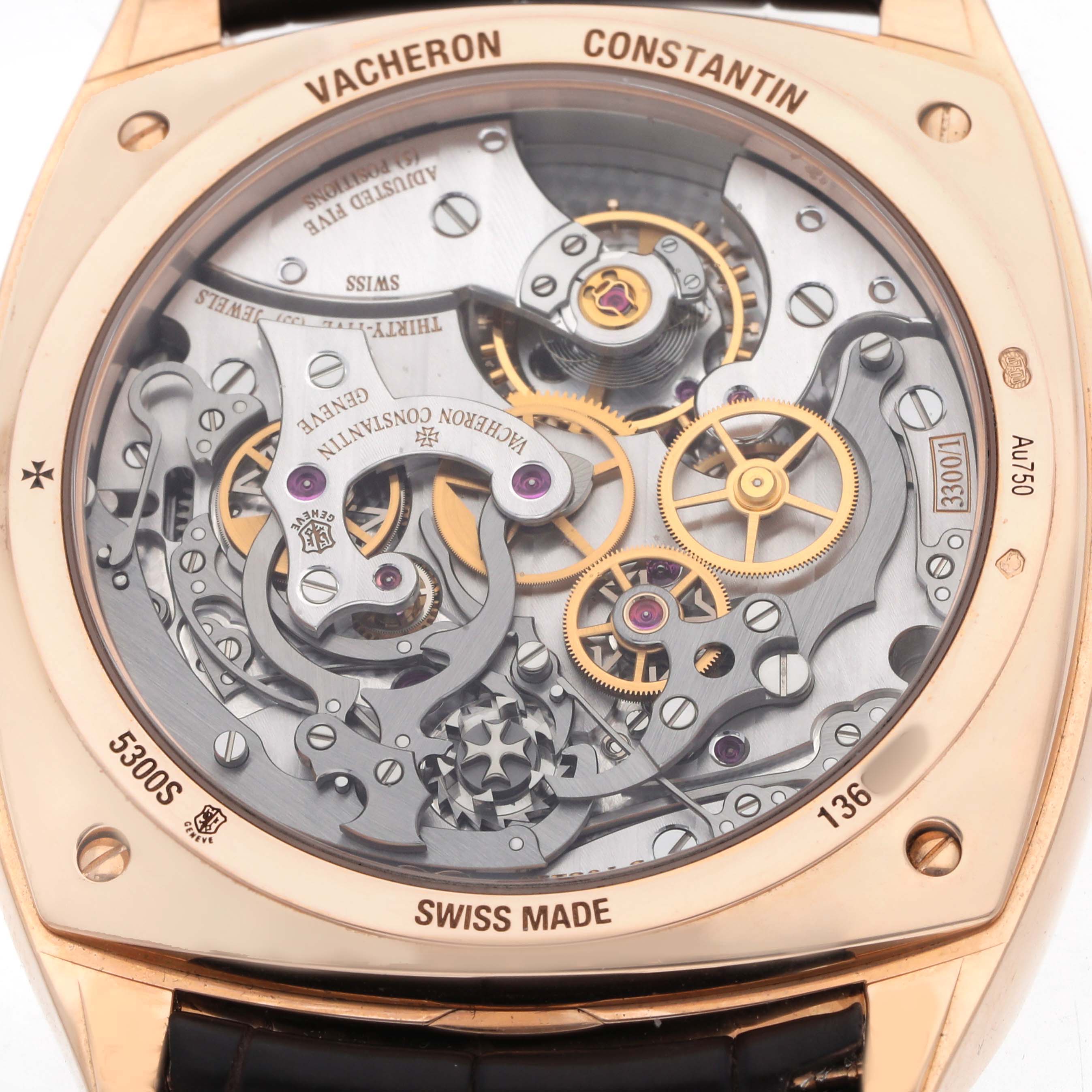 The image shows the back of the Vacheron Constantin Harmony 5300S/000R-B055 Men's Rose Gold Silver Dial watch, highlighting its intricate mechanical movement.