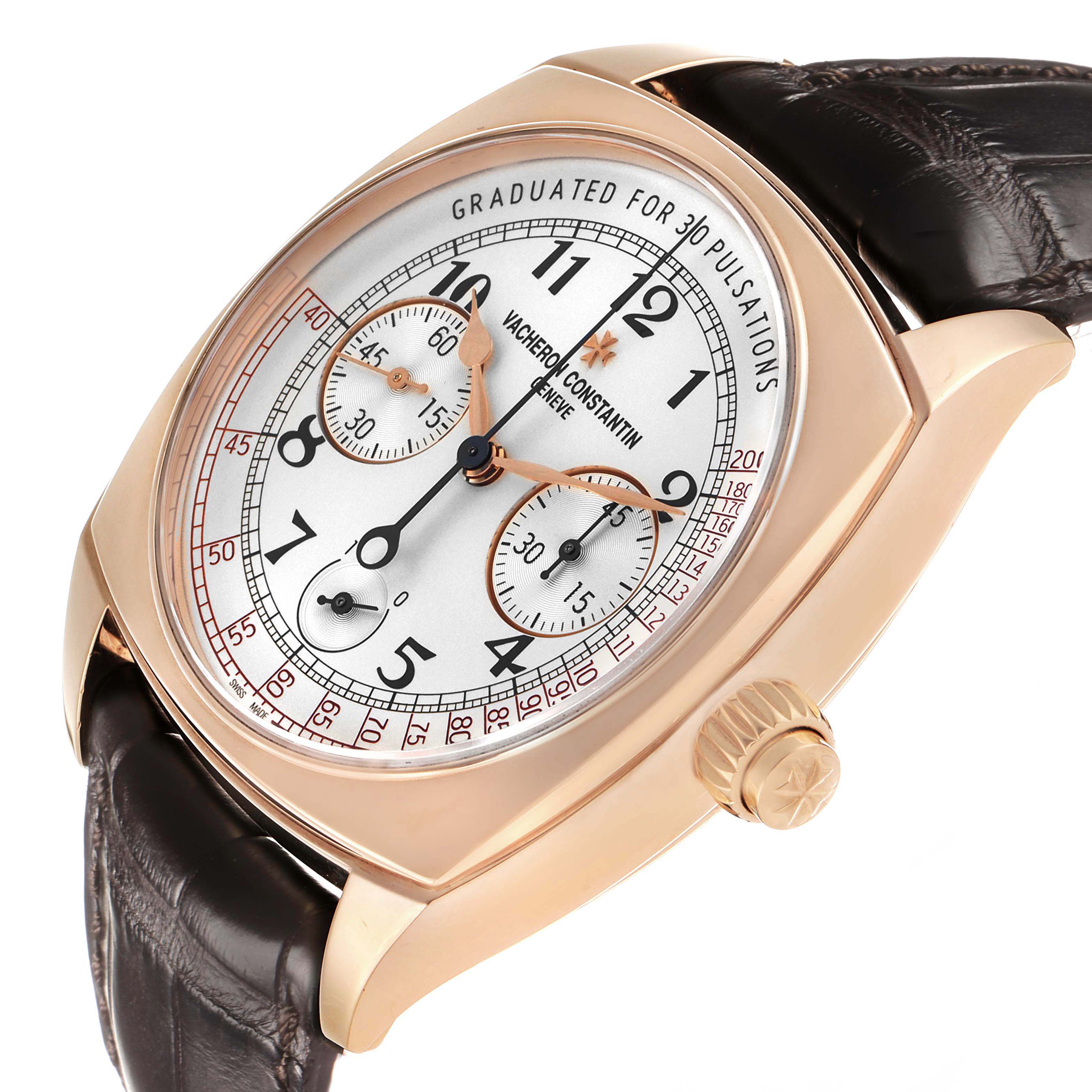 The Vacheron Constantin Harmony 5300S/000R-B055 Men's Rose Gold Silver Dial watch is shown at an angle highlighting the face, case, crown, and brown leather strap.