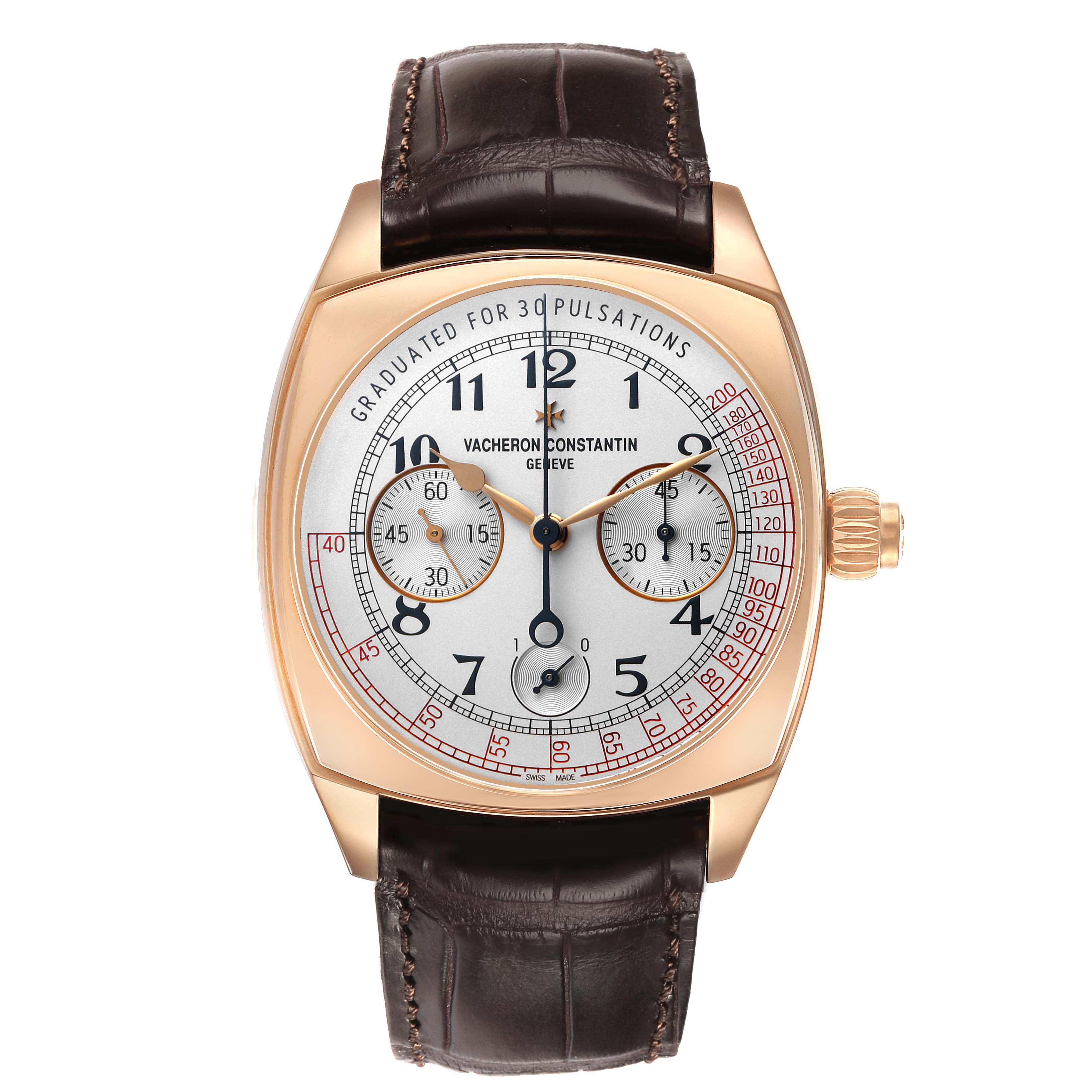 The Vacheron Constantin Harmony 5300S/000R-B055 Men's Rose Gold Silver Dial watch is shown from the front, displaying the dial, case, crown, and leather strap.