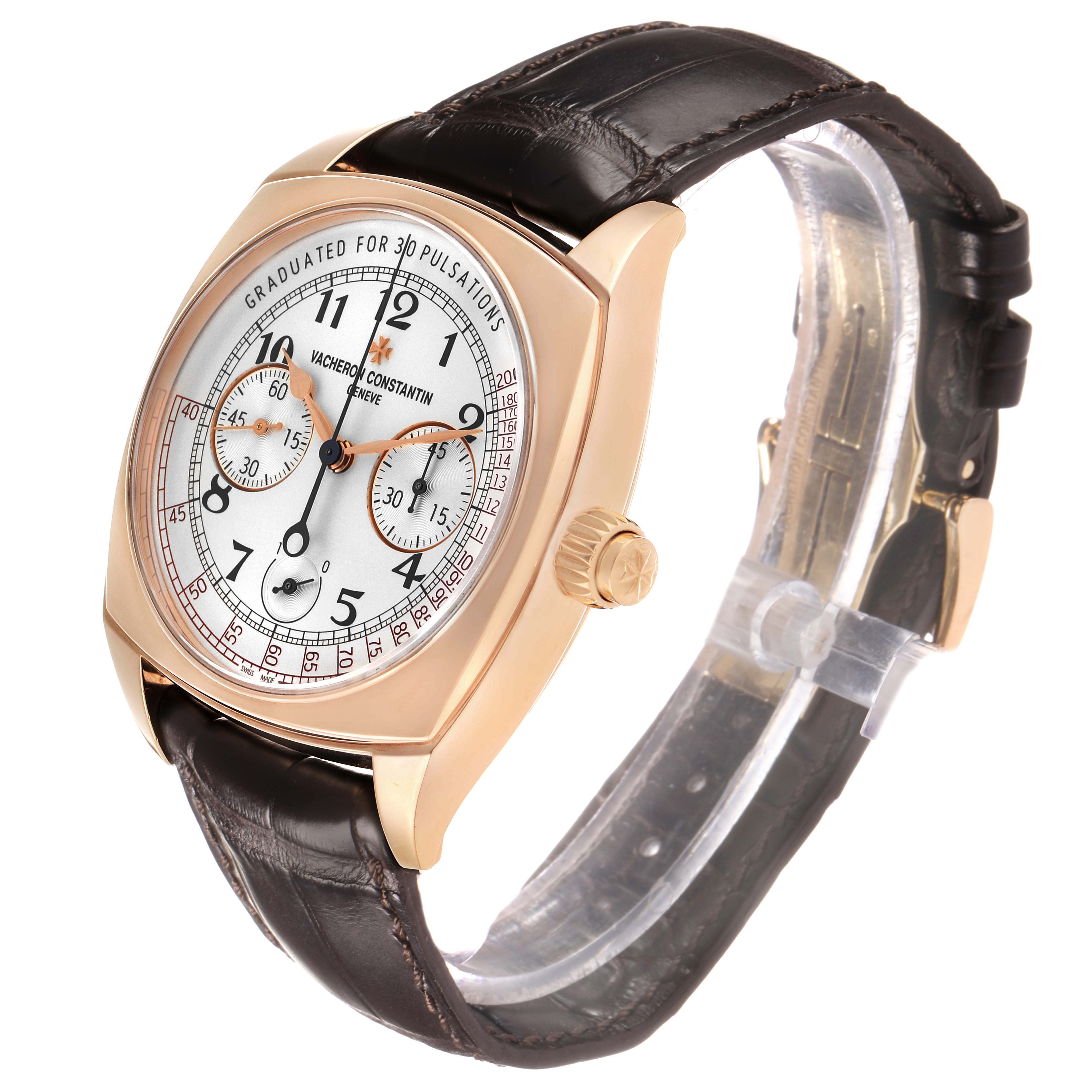 The Vacheron Constantin Harmony 5300S/000R-B055 Men's Rose Gold Silver Dial watch is angled to show the dial, case, crown, and dark leather strap.