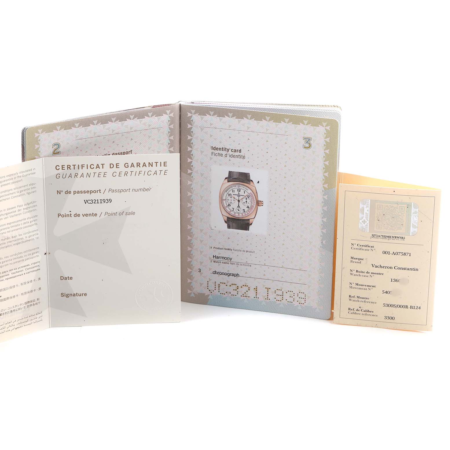 The image shows warranty papers and an identity card for the Vacheron Constantin Harmony 5300S/000R-B055 Men's Rose Gold Silver Dial model, including details and a watch photo.