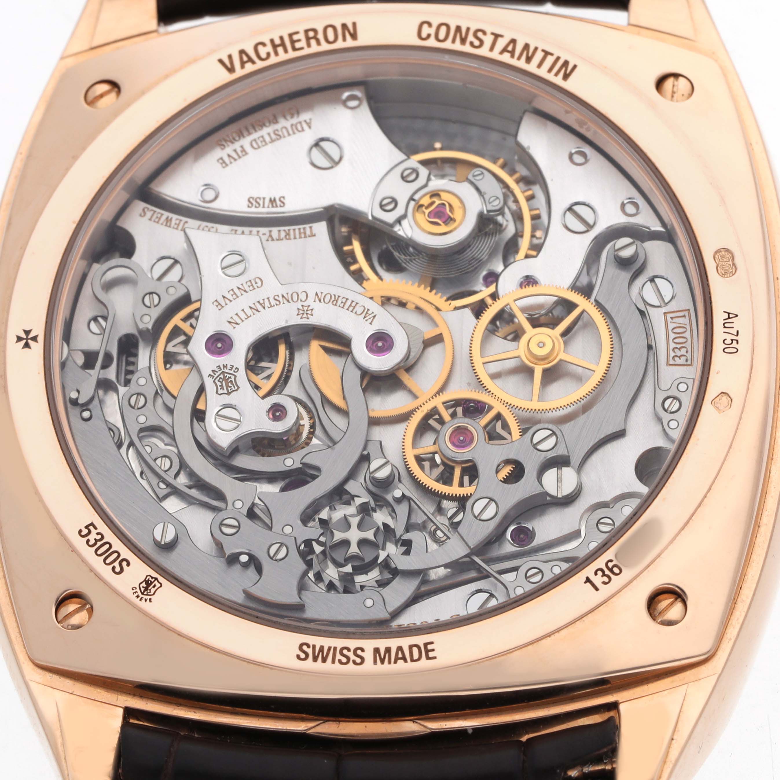 The Vacheron Constantin Harmony 5300S/000R-B055 Men's Rose Gold Silver Dial watch is shown from the back, highlighting the intricate movement and inner mechanics.