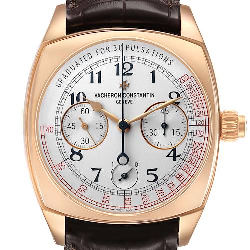 The Vacheron Constantin Harmony 5300S/000R-B055 Men's Rose Gold Silver Dial watch is shown from a frontal angle, highlighting the dial, hands, subdials, and crown.