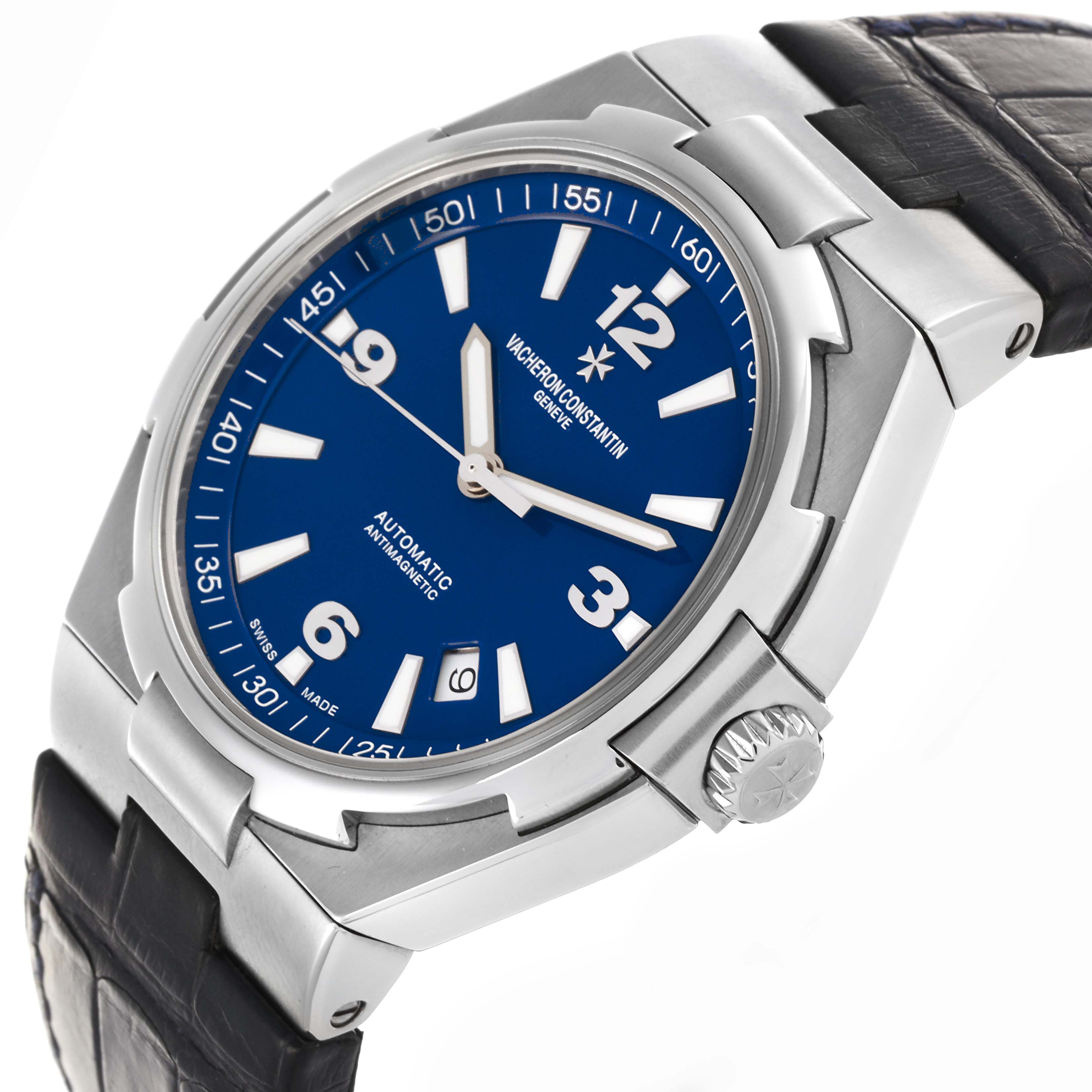 The Vacheron Constantin Overseas 47040/000A Men's Stainless Steel Blue Dial 47040/000A Men's Stainless Steel Blue Dial model is shown at a side angle, highlighting the blue dial, bezel, and crown.