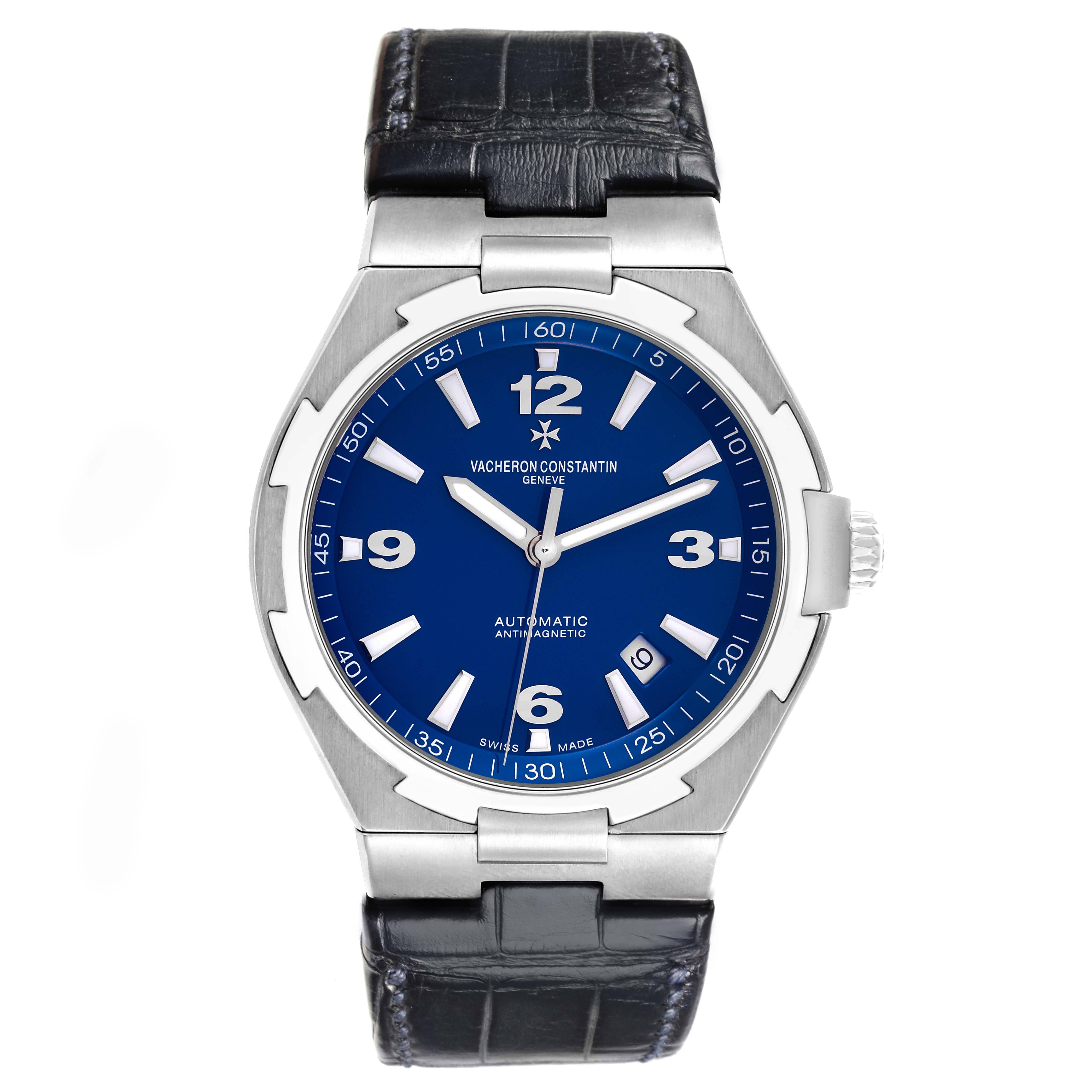 The Vacheron Constantin Overseas 47040/000A Men's Stainless Steel Blue Dial 47040/000A Men's Stainless Steel Blue Dial watch is shown from a front angle, displaying the dial, bezel, and leather strap.