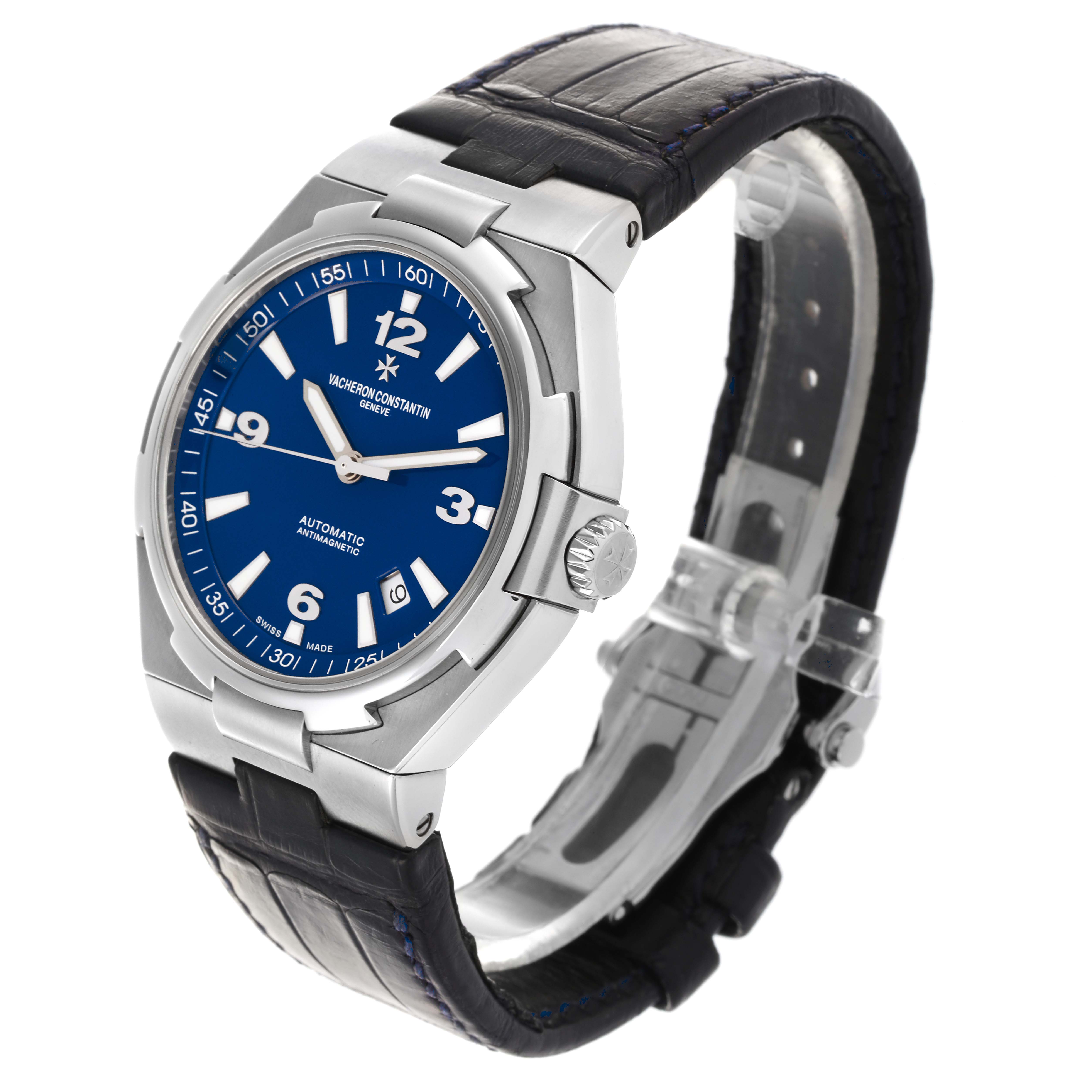 The Vacheron Constantin Overseas 47040/000A Men's Stainless Steel Blue Dial 47040/000A Men's Stainless Steel Blue Dial watch is shown at a three-quarter angle, displaying the face, bezel, crown, and leather strap.