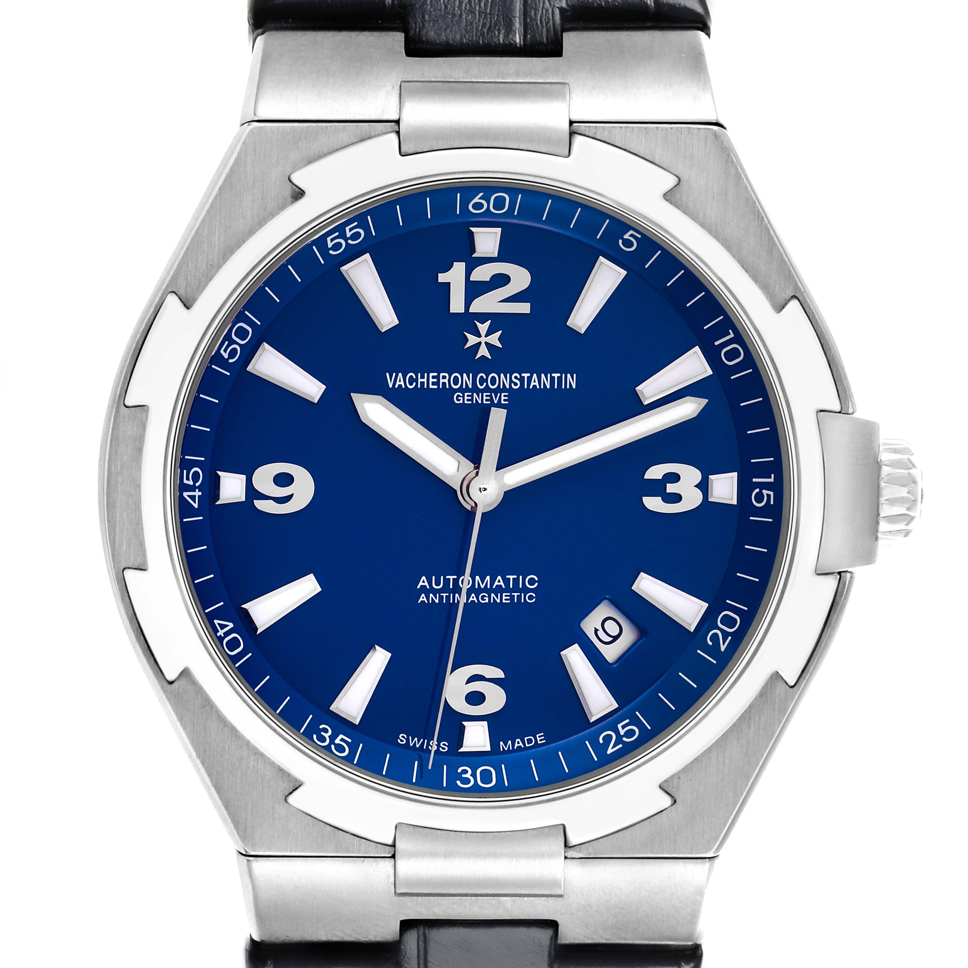 The Vacheron Constantin Overseas 47040/000A Men's Stainless Steel Blue Dial 47040/000A Men's Stainless Steel Blue Dial watch is shown in a direct front angle, highlighting the blue dial and bezel.