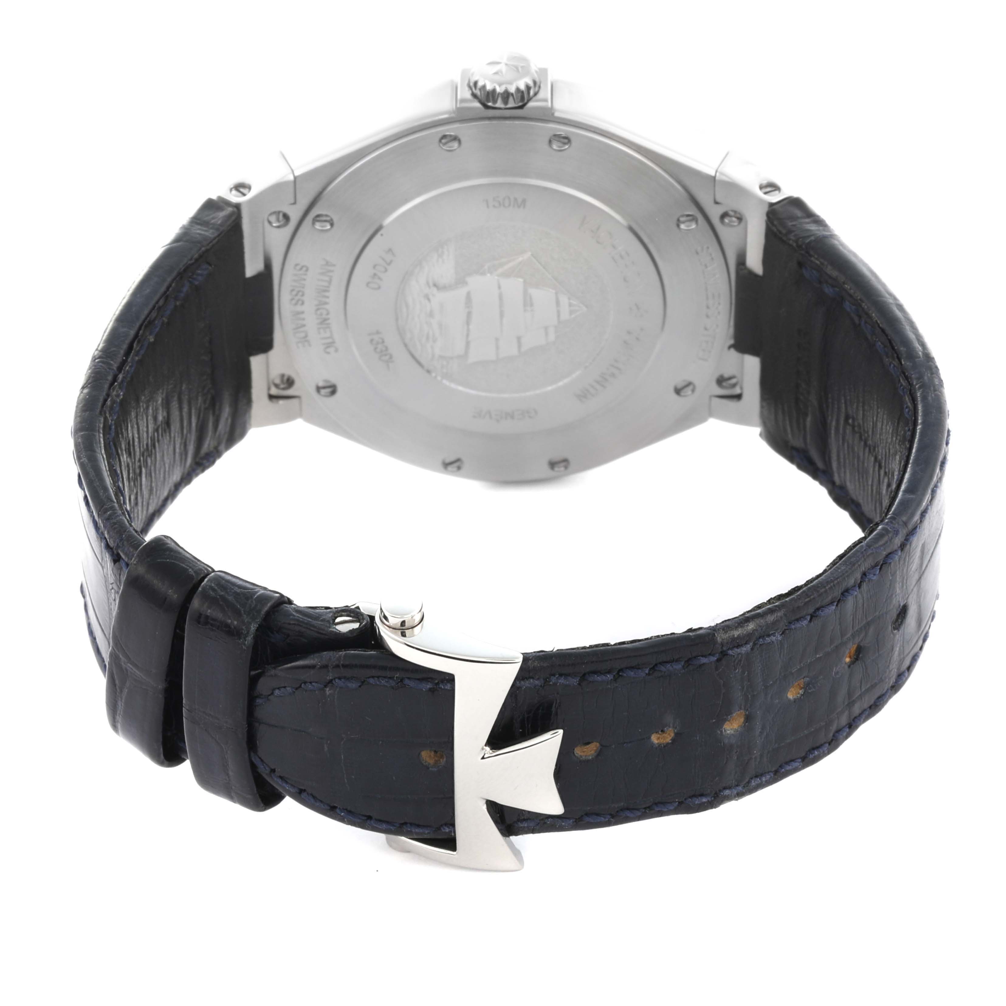 The image shows the rear view of a Vacheron Constantin Overseas 47040/000A Men's Stainless Steel Blue Dial 47040/000A Men's Stainless Steel Blue Dial watch, highlighting the case back and leather strap with clasp.