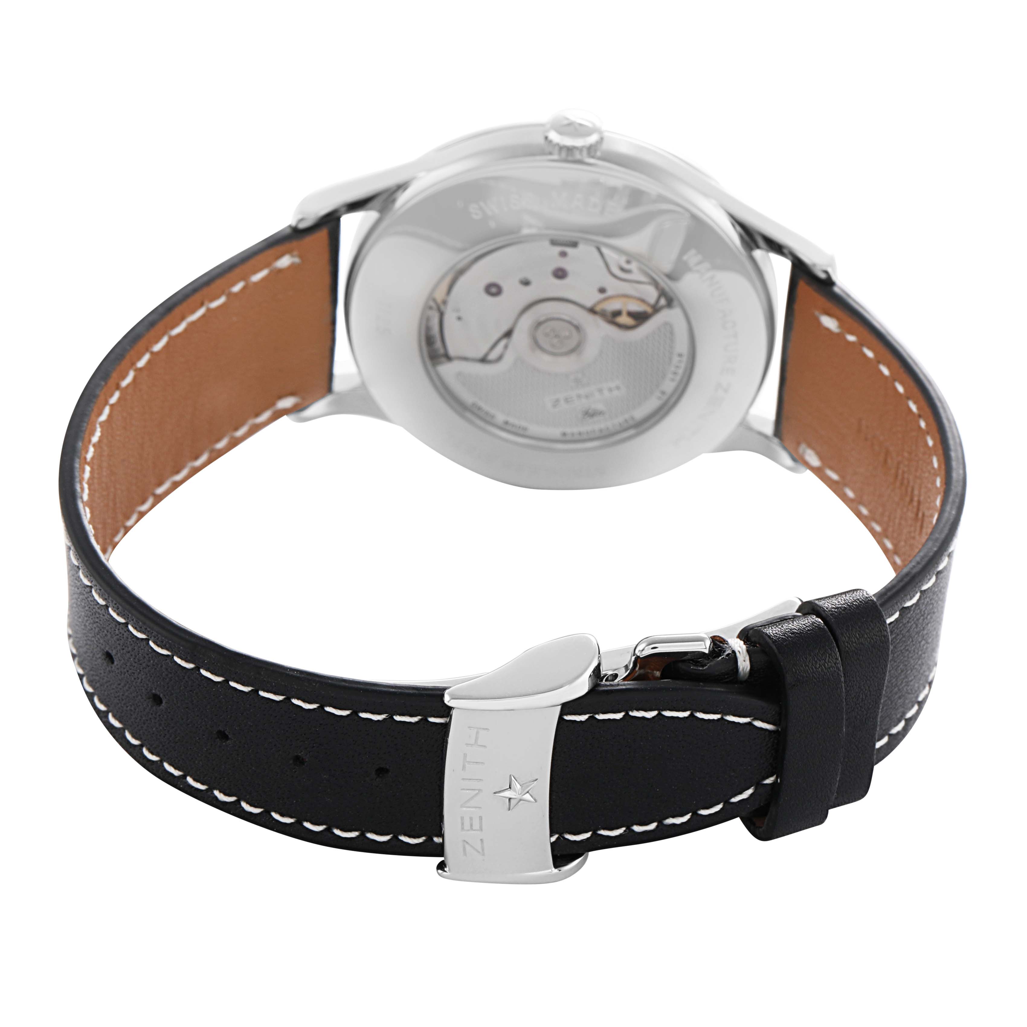 The Zenith Chronomaster 03.1125.685/01.C490 Men's Stainless Steel Silver Dial watch is shown from the back, highlighting the movement, case back, and leather strap with a buckle.