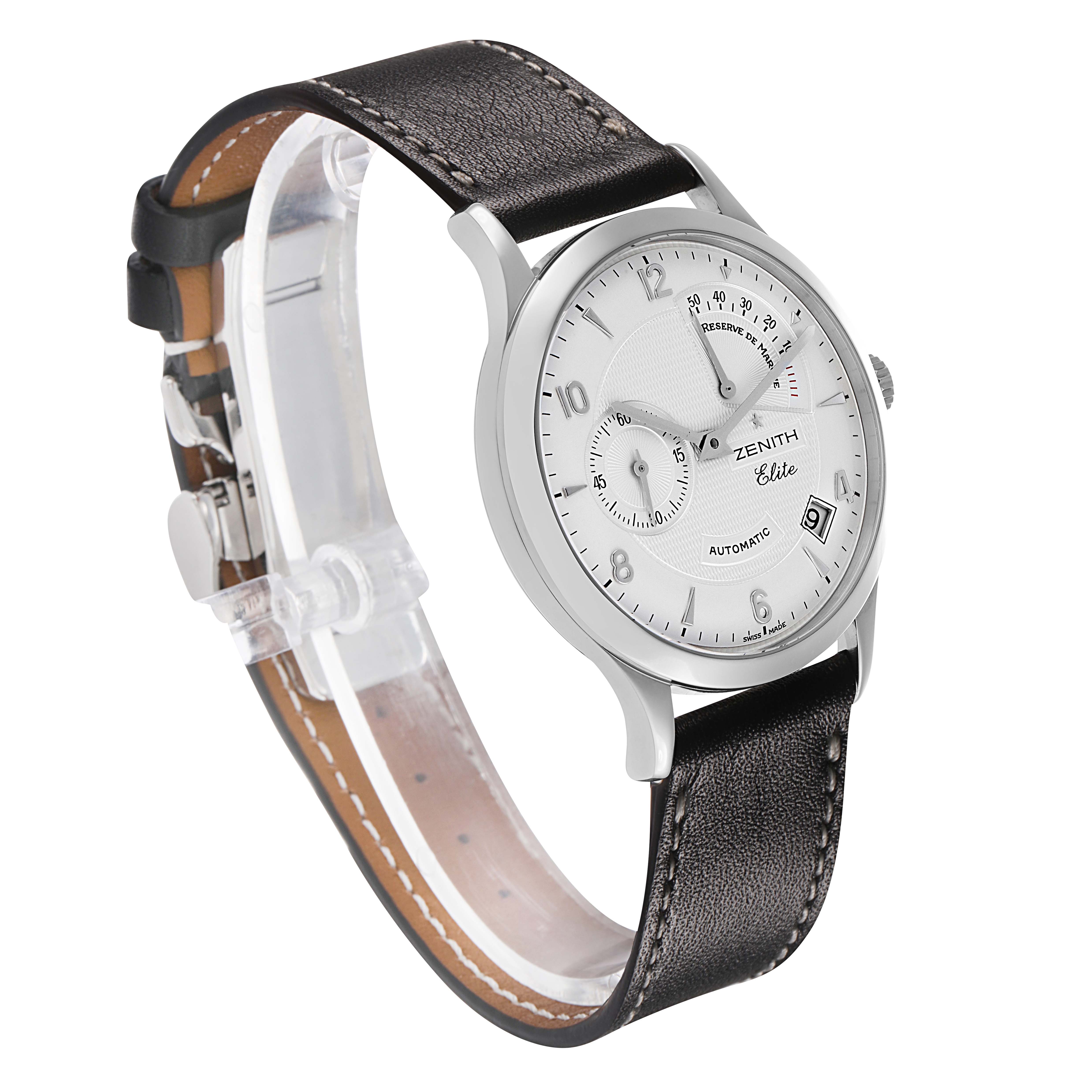 The Zenith Chronomaster 03.1125.685/01.C490 Men's Stainless Steel Silver Dial watch is shown at a three-quarter angle, displaying the dial, case, and leather strap.