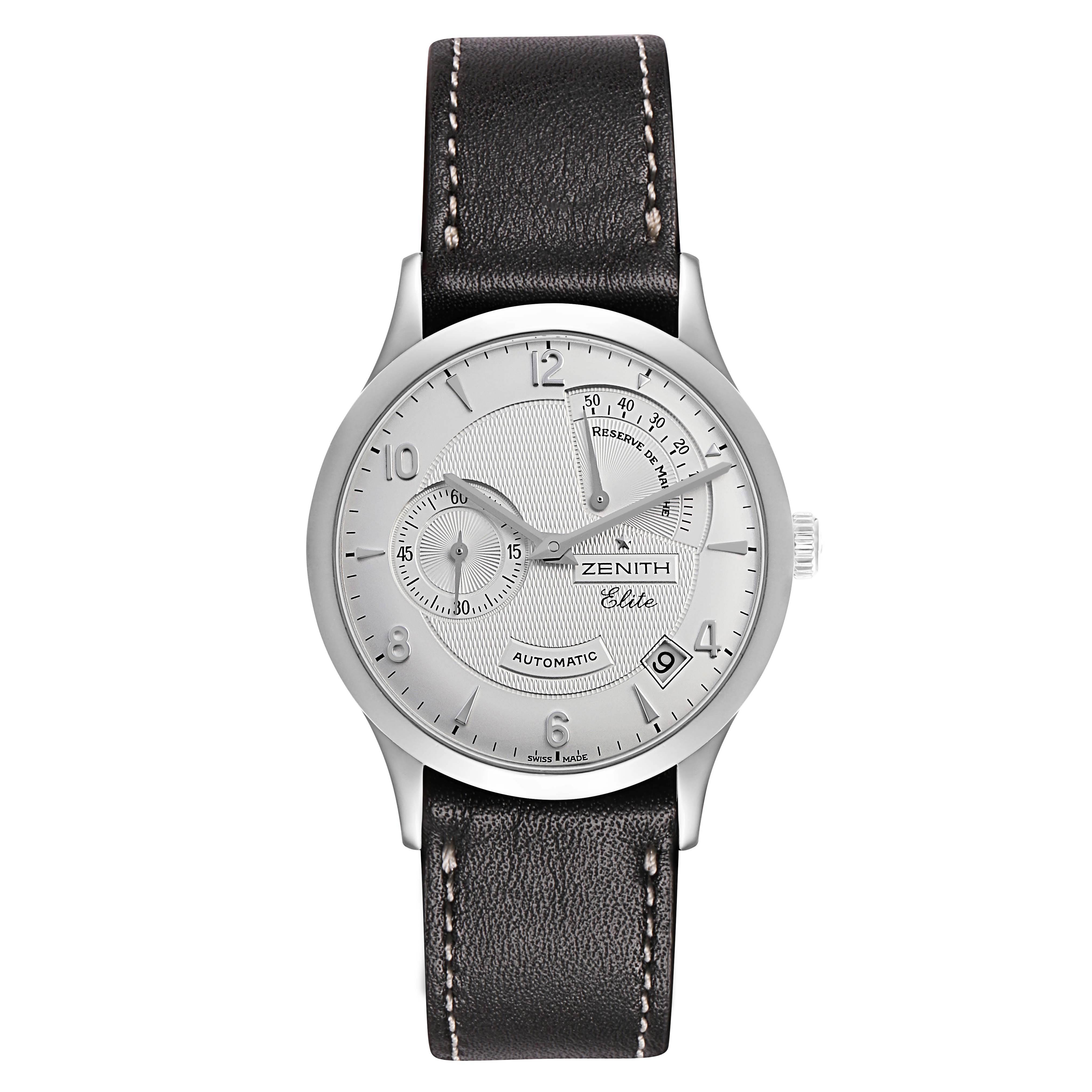 The Zenith Chronomaster 03.1125.685/01.C490 Men's Stainless Steel Silver Dial watch is shown from a top-down view, displaying the dial, hands, indices, and leather strap.