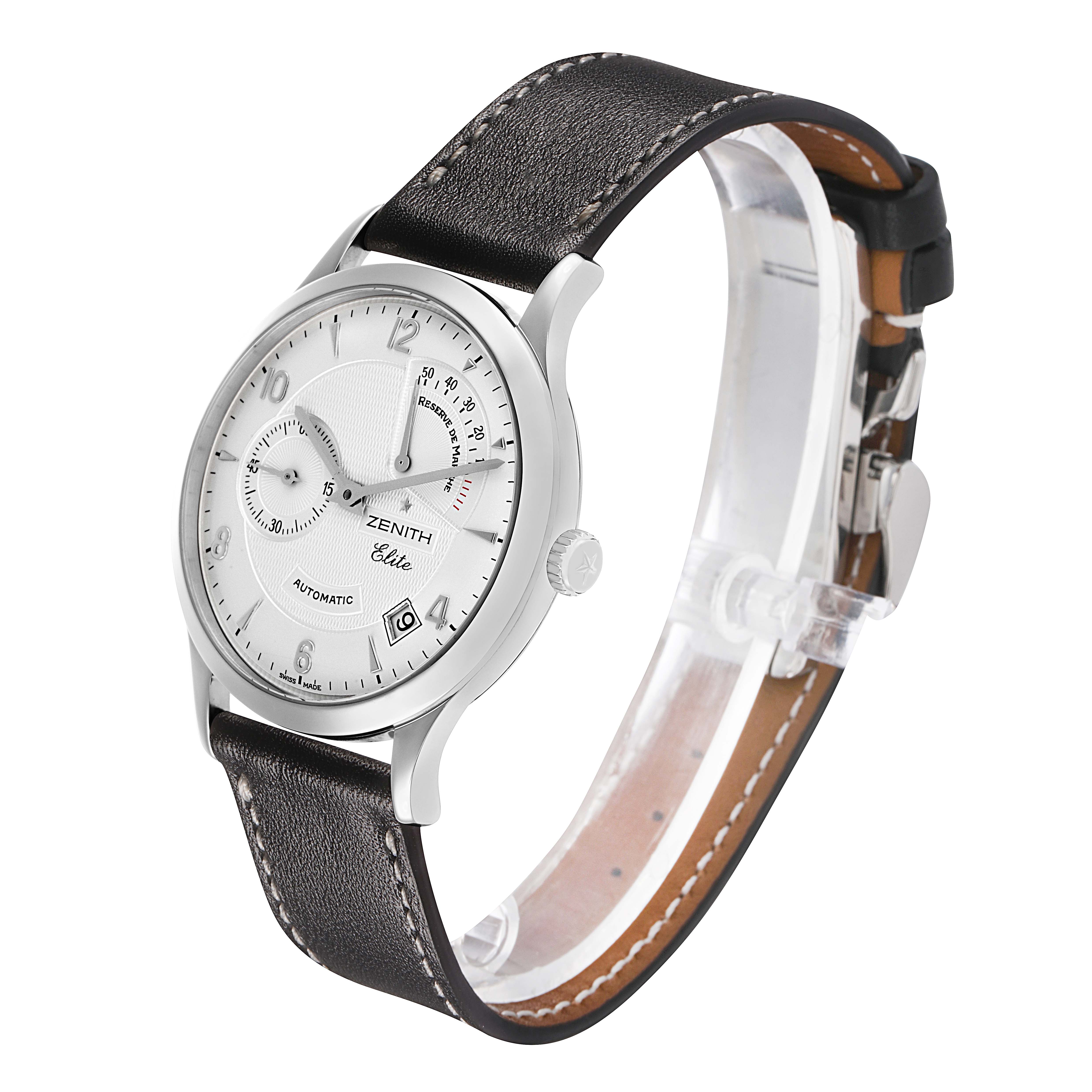 The Zenith Chronomaster 03.1125.685/01.C490 Men's Stainless Steel Silver Dial watch is shown at a three-quarter angle, displaying the dial, crown, and leather strap.