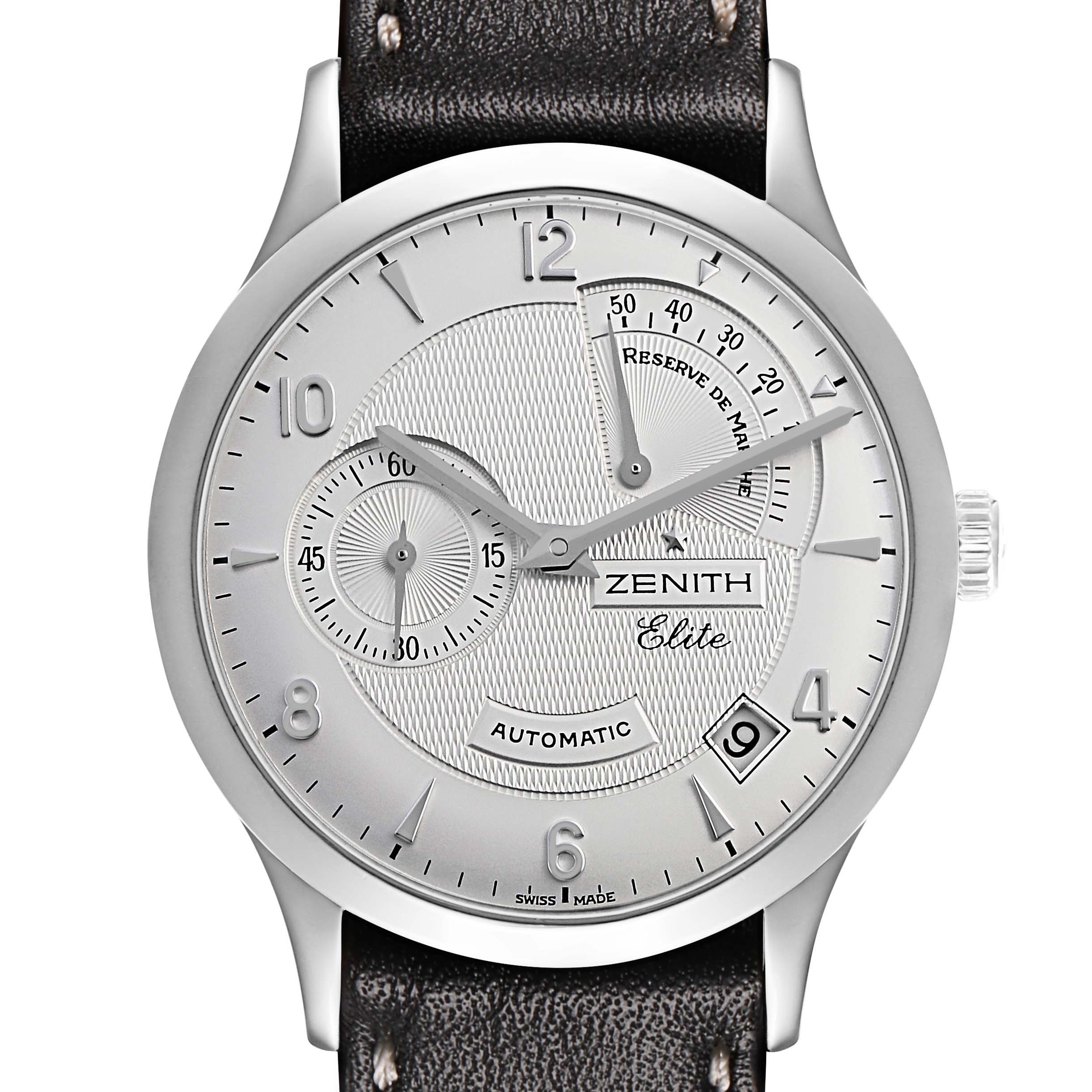 The Zenith Chronomaster 03.1125.685/01.C490 Men's Stainless Steel Silver Dial watch is shown from a front angle, displaying its dial, subdials, and date window.