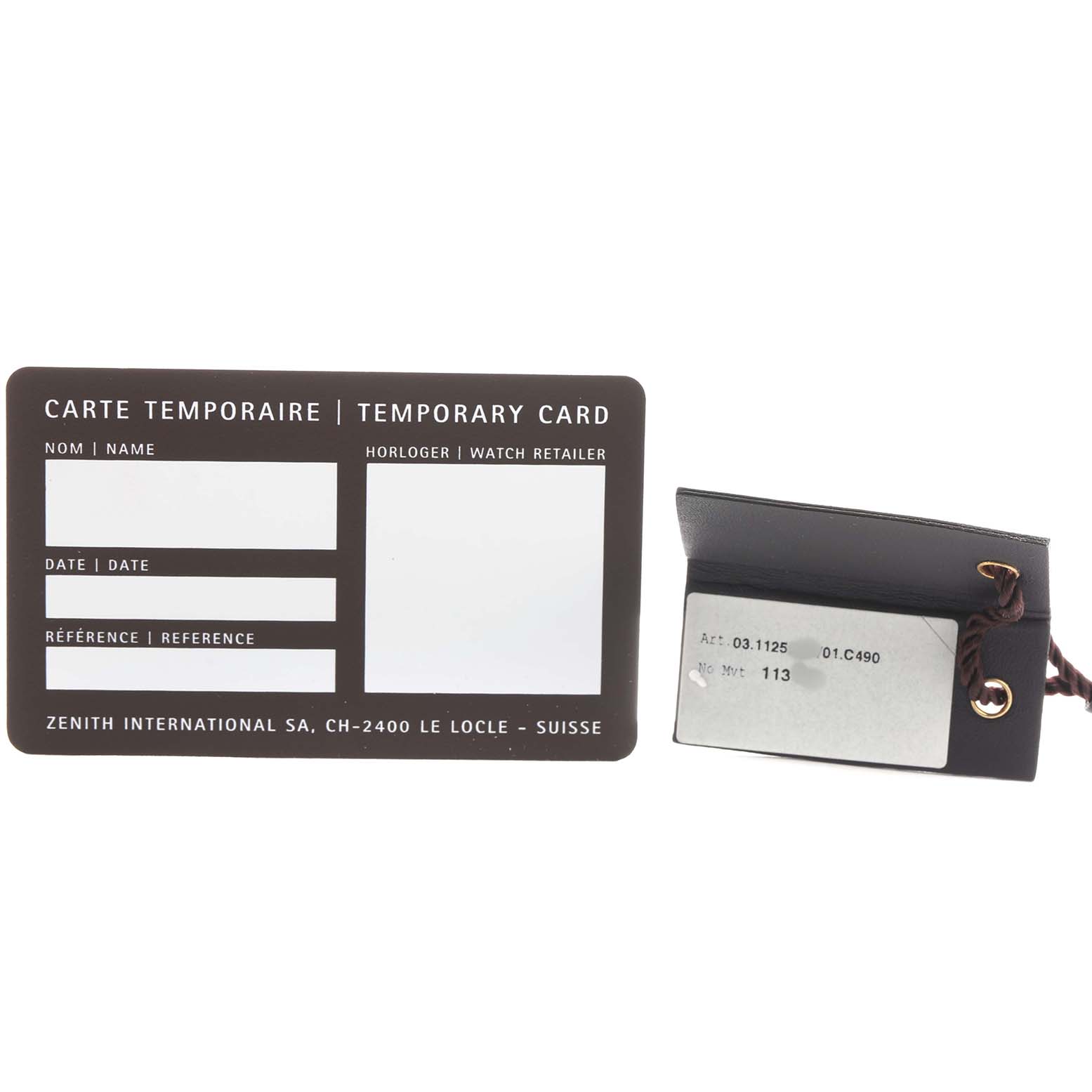 The image shows a Zenith Chronomaster 03.1125.685/01.C490 Men's Stainless Steel Silver Dial temporary card and a product tag for watch identification.