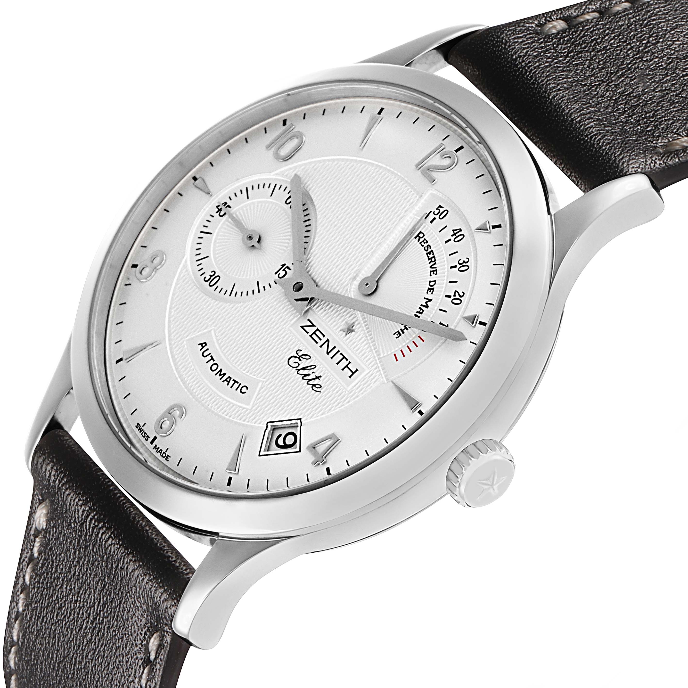 The Zenith Chronomaster 03.1125.685/01.C490 Men's Stainless Steel Silver Dial watch is shown in a side angle, displaying its face, crown, and strap.