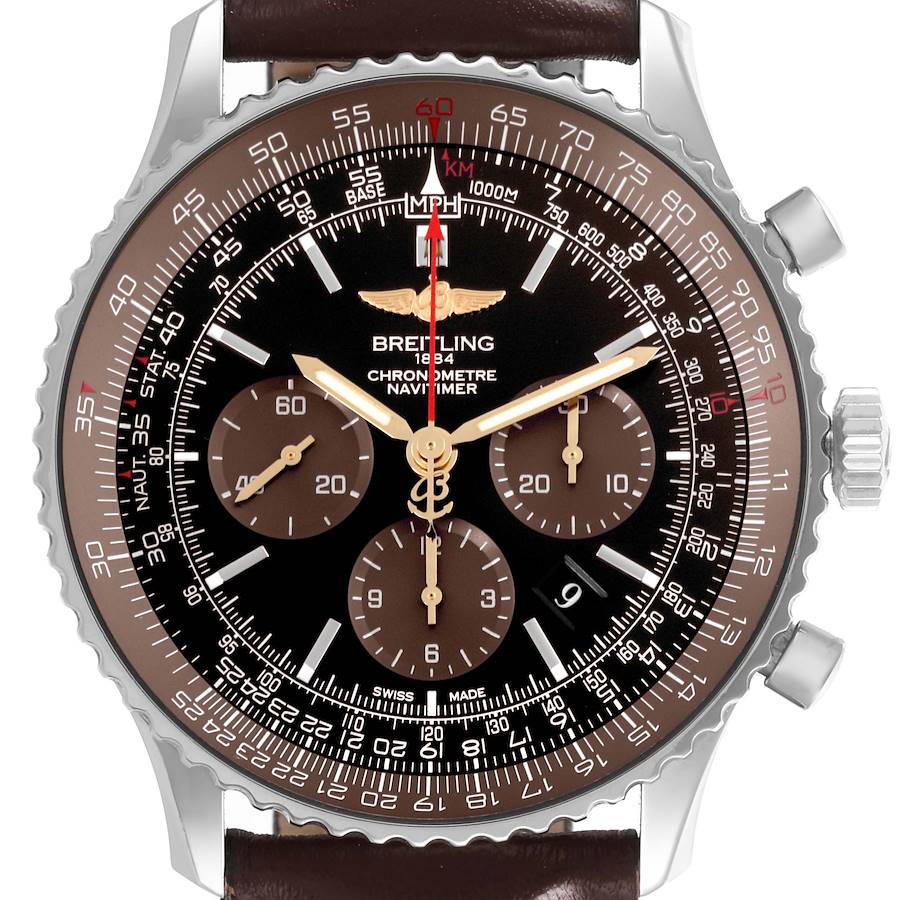 The image shows a frontal view of the Breitling Navitimer watch, displaying its bezel, subdials, and chronograph features.