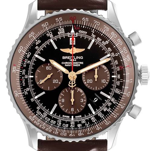 The Breitling Navitimer watch is shown from a front angle, displaying its bezel, dial, chronograph subdials, and crown.