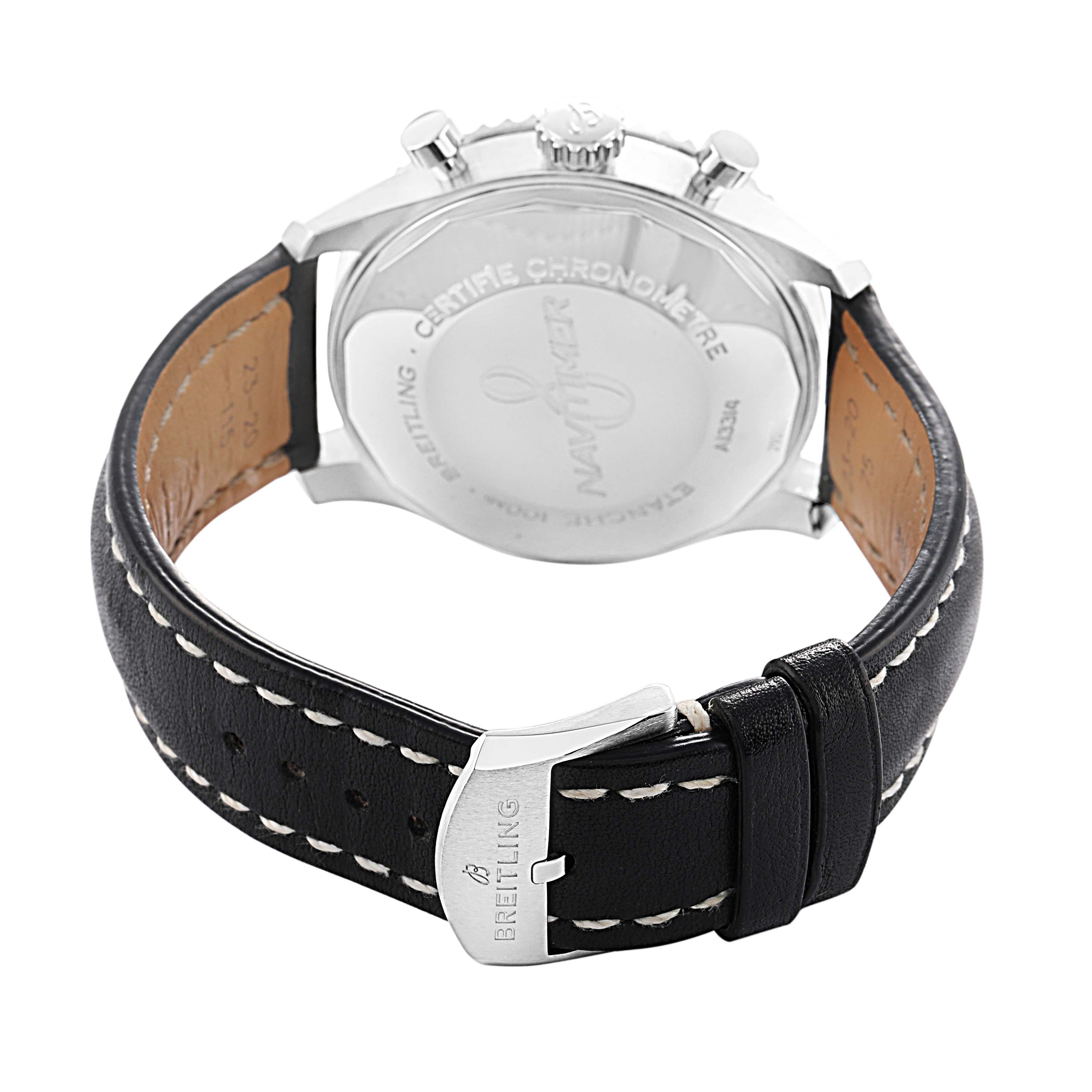 The image shows the back view of a Breitling Navitimer A13314101C1X2 Men's Stainless Steel Blue Dial watch, highlighting the case back and leather strap with branded buckle.