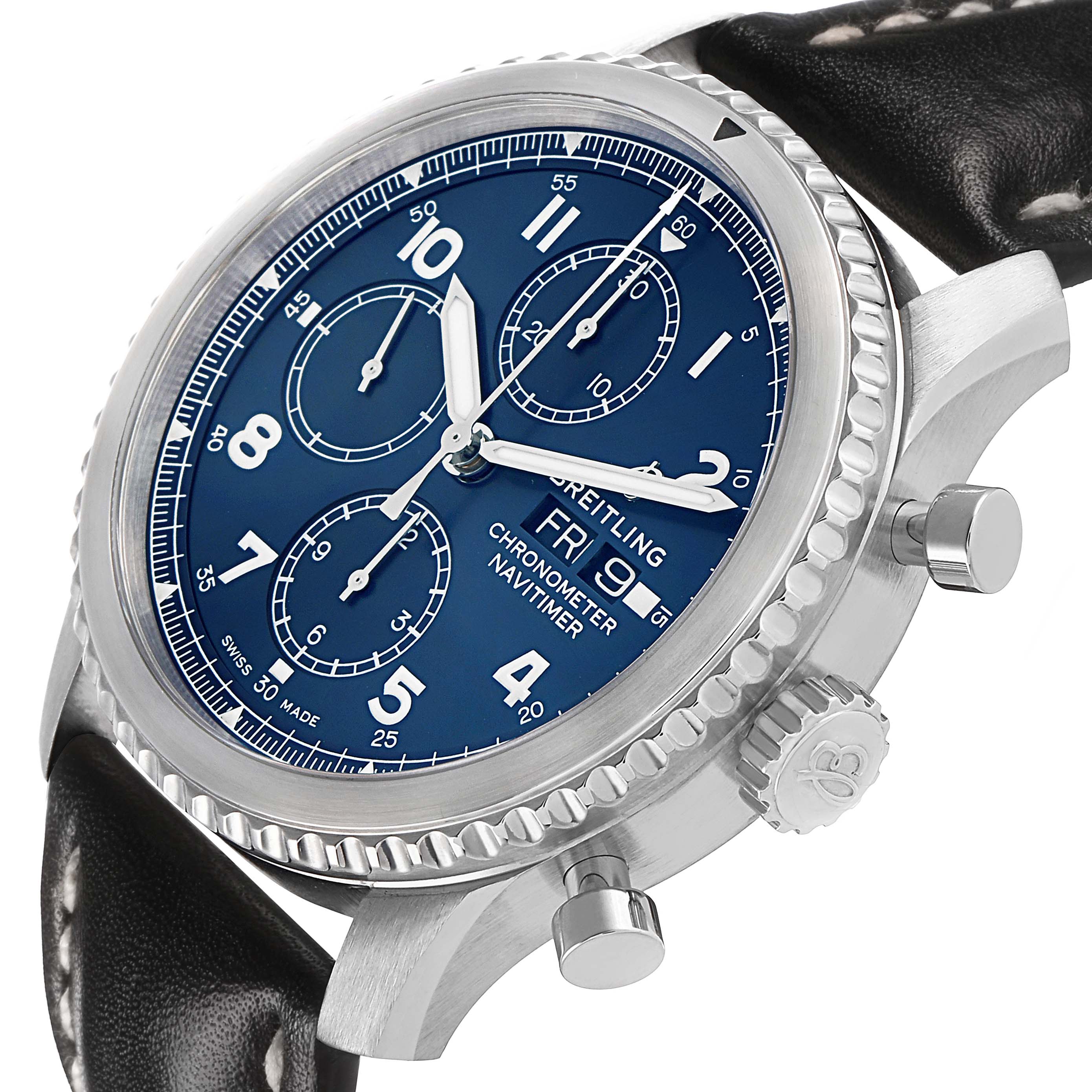 The Breitling Navitimer A13314101C1X2 Men's Stainless Steel Blue Dial watch is shown from a three-quarter angle, displaying the face, bezel, pushers, and crown.