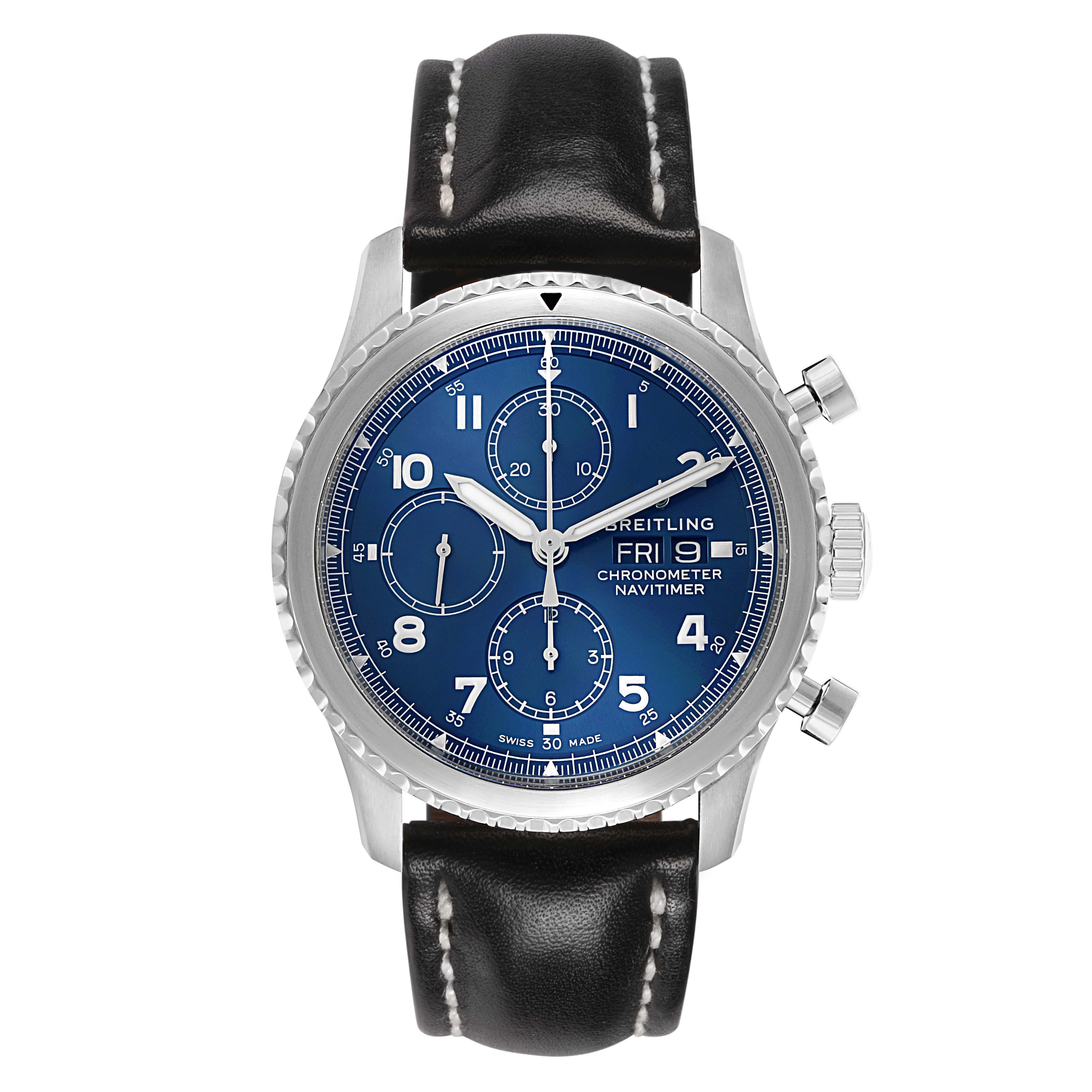 The Breitling Navitimer A13314101C1X2 Men's Stainless Steel Blue Dial watch is shown from a top-down angle, displaying the face, dials, bezel, and leather strap.
