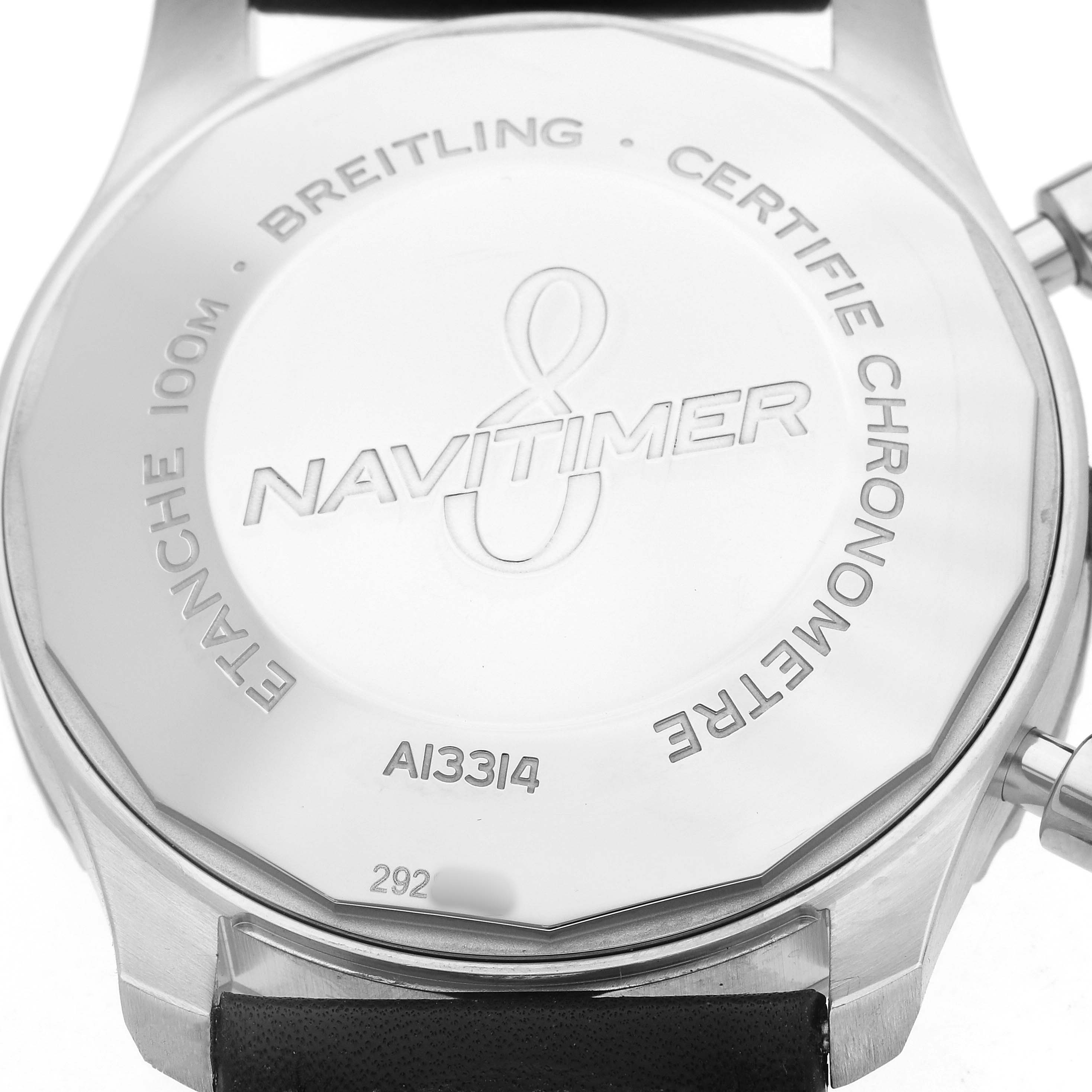 The image shows the back of a Breitling Navitimer A13314101C1X2 Men's Stainless Steel Blue Dial watch, highlighting its caseback and engravings.