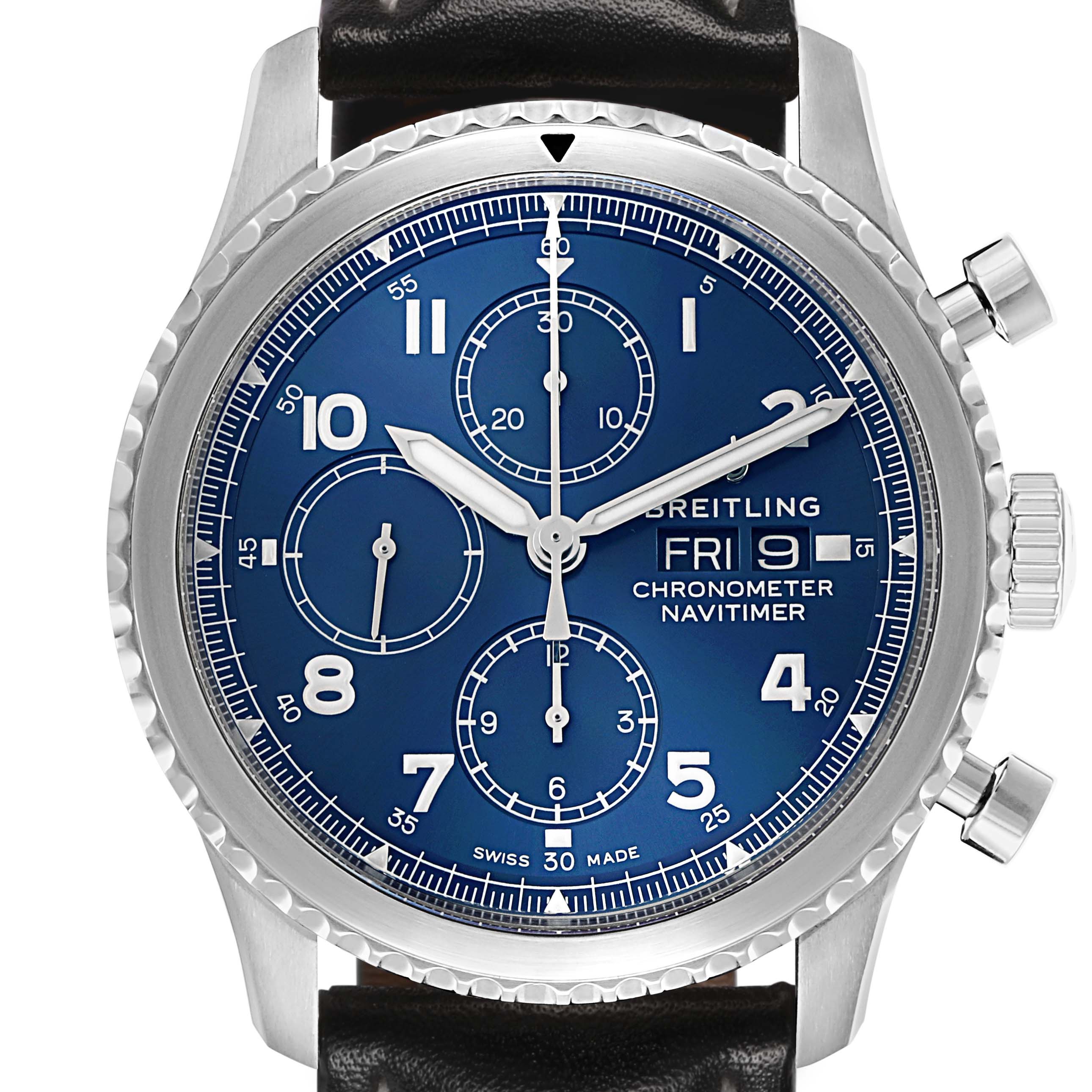 The Breitling Navitimer A13314101C1X2 Men's Stainless Steel Blue Dial watch is shown from the front, displaying the blue dial, chronograph subdials, and pushers.
