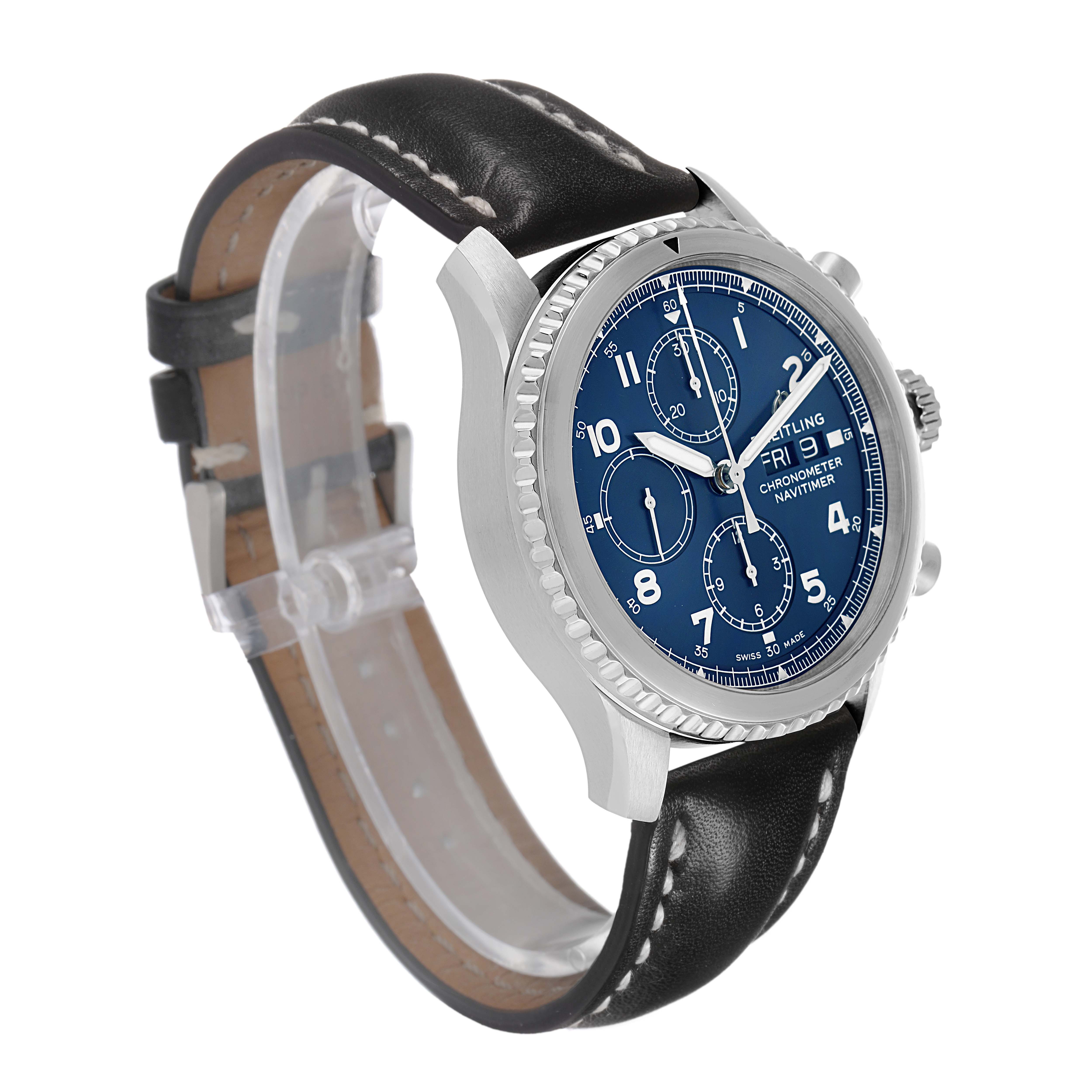 The Breitling Navitimer A13314101C1X2 Men's Stainless Steel Blue Dial is shown at a three-quarter angle displaying the blue dial, bezel, pushers, and black leather strap.