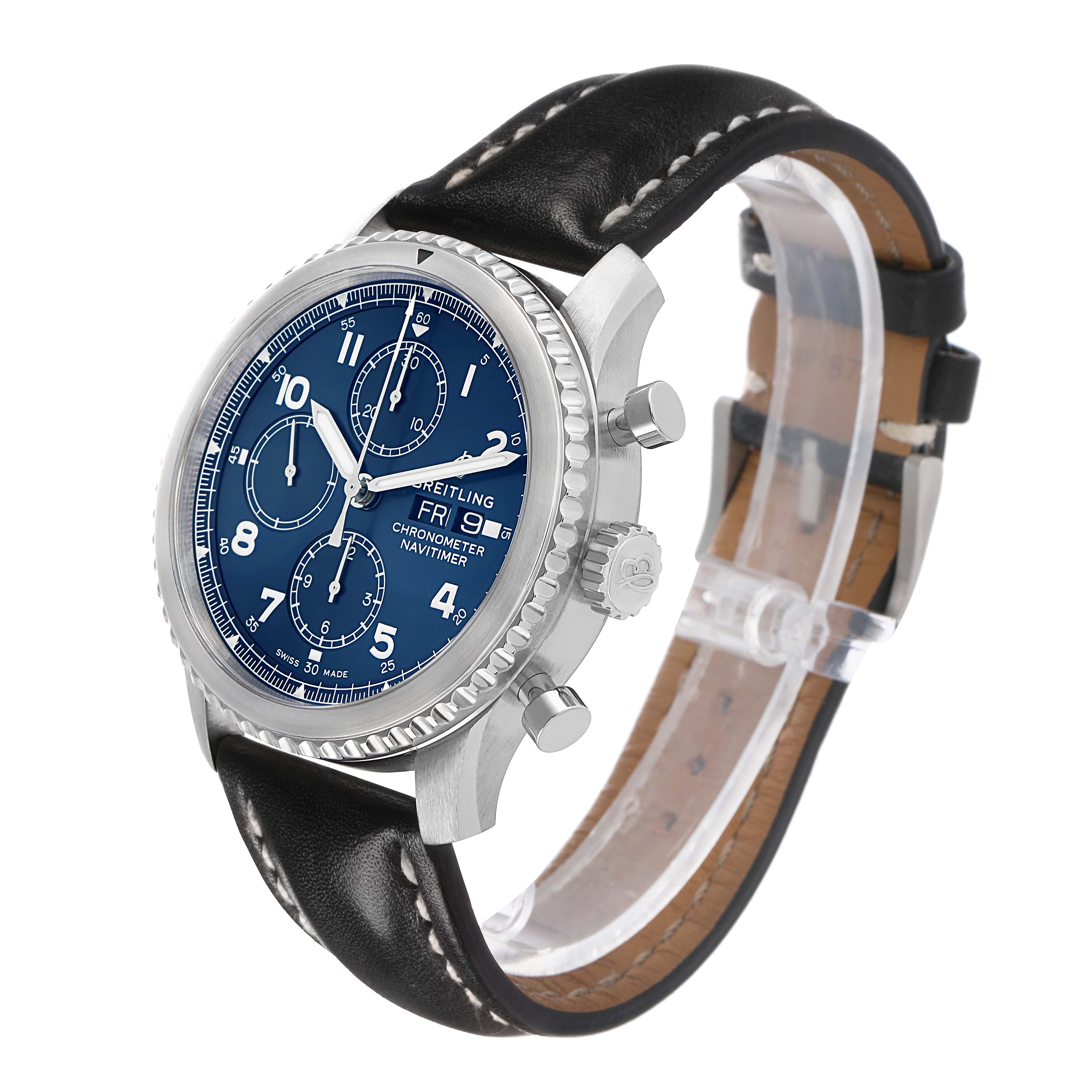 The Breitling Navitimer A13314101C1X2 Men's Stainless Steel Blue Dial watch is displayed at a three-quarter angle showing the face, bezel, crown, pushers, and leather strap.