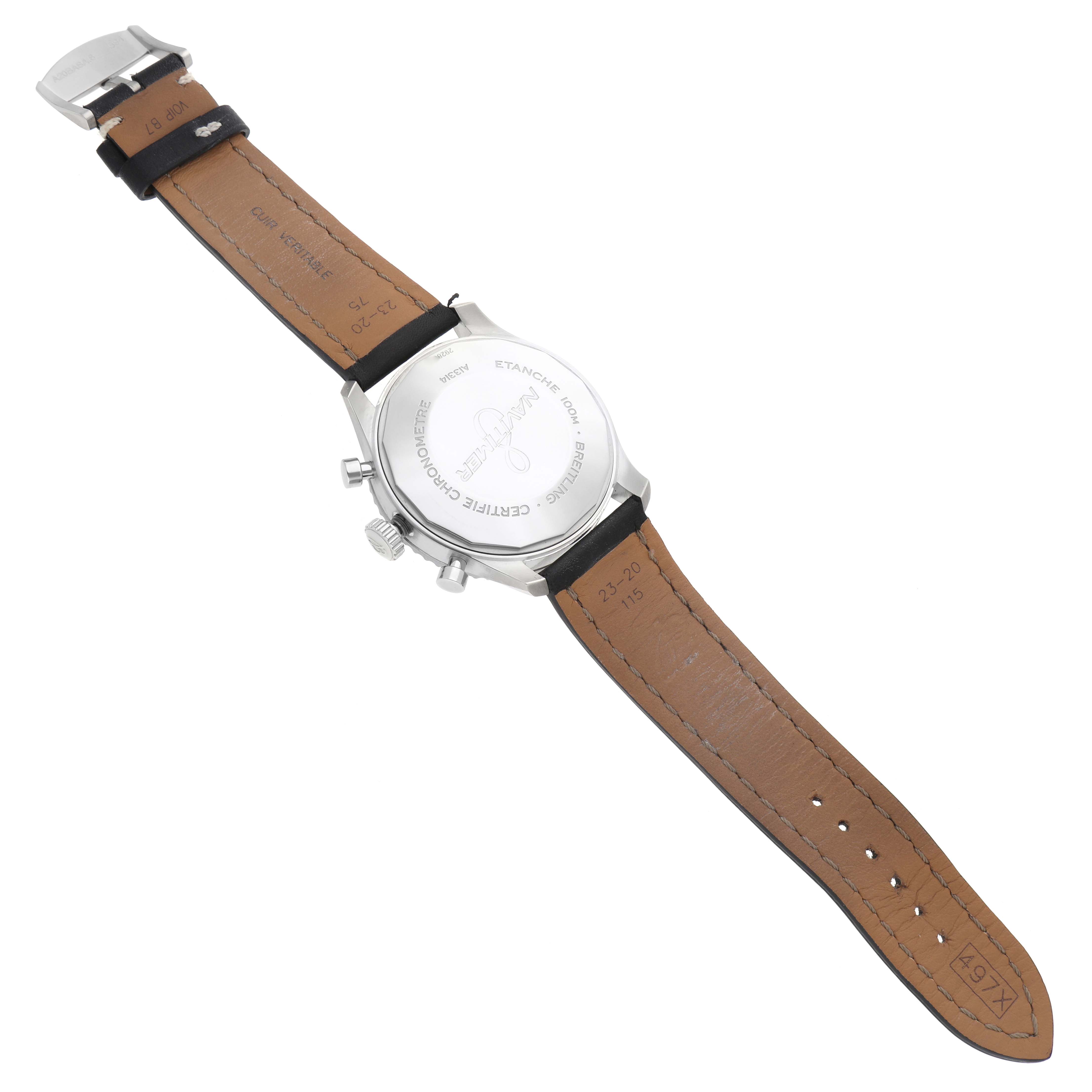 The image shows the back view of a Breitling Navitimer A13314101C1X2 Men's Stainless Steel Blue Dial with its case back, crown, pushers, and leather strap visible.