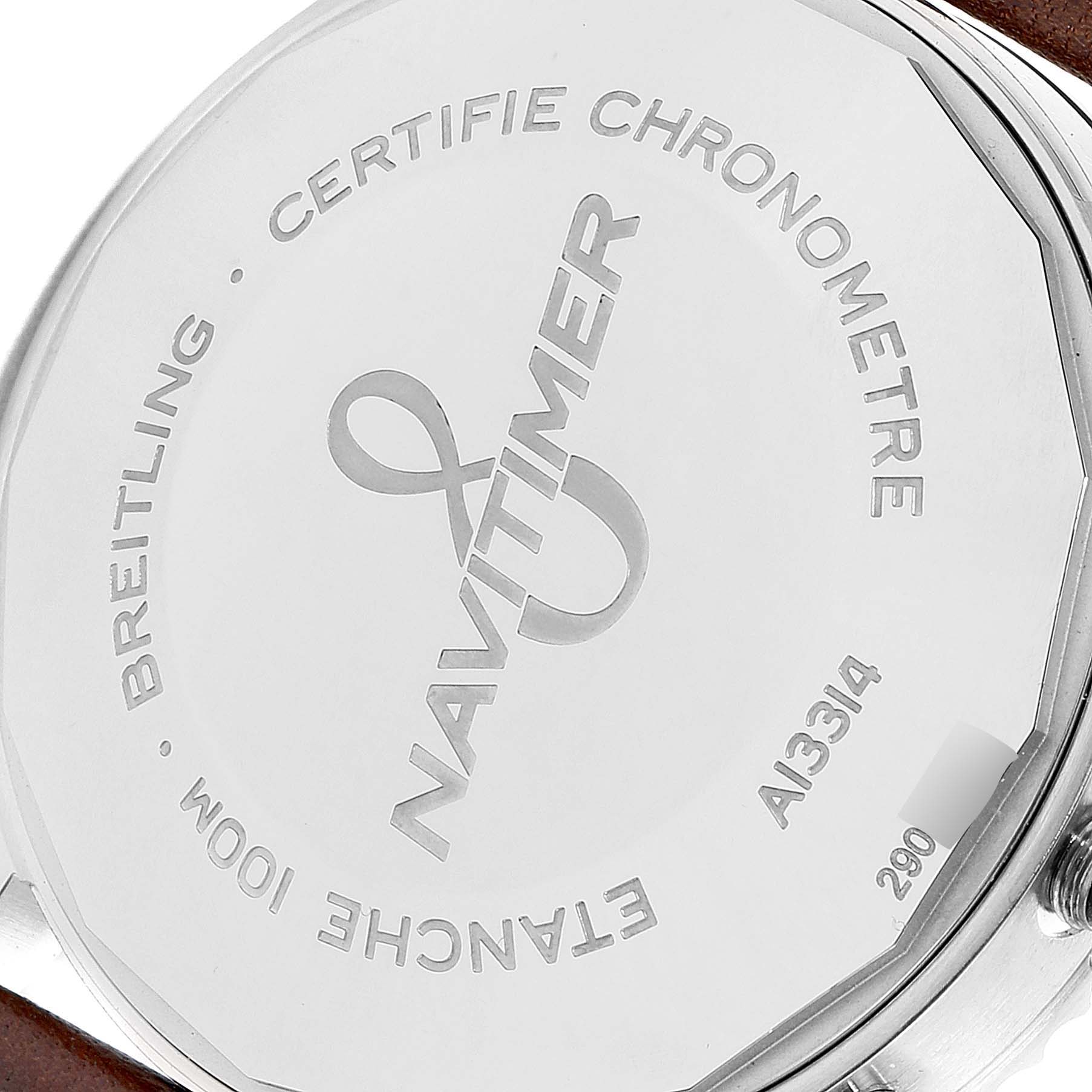 This image shows the case back of a Breitling Navitimer A13314101C1X2 Men's Stainless Steel Blue Dial A13314101C1X2 Men's Stainless Steel Blue Dial watch at an angled close-up.