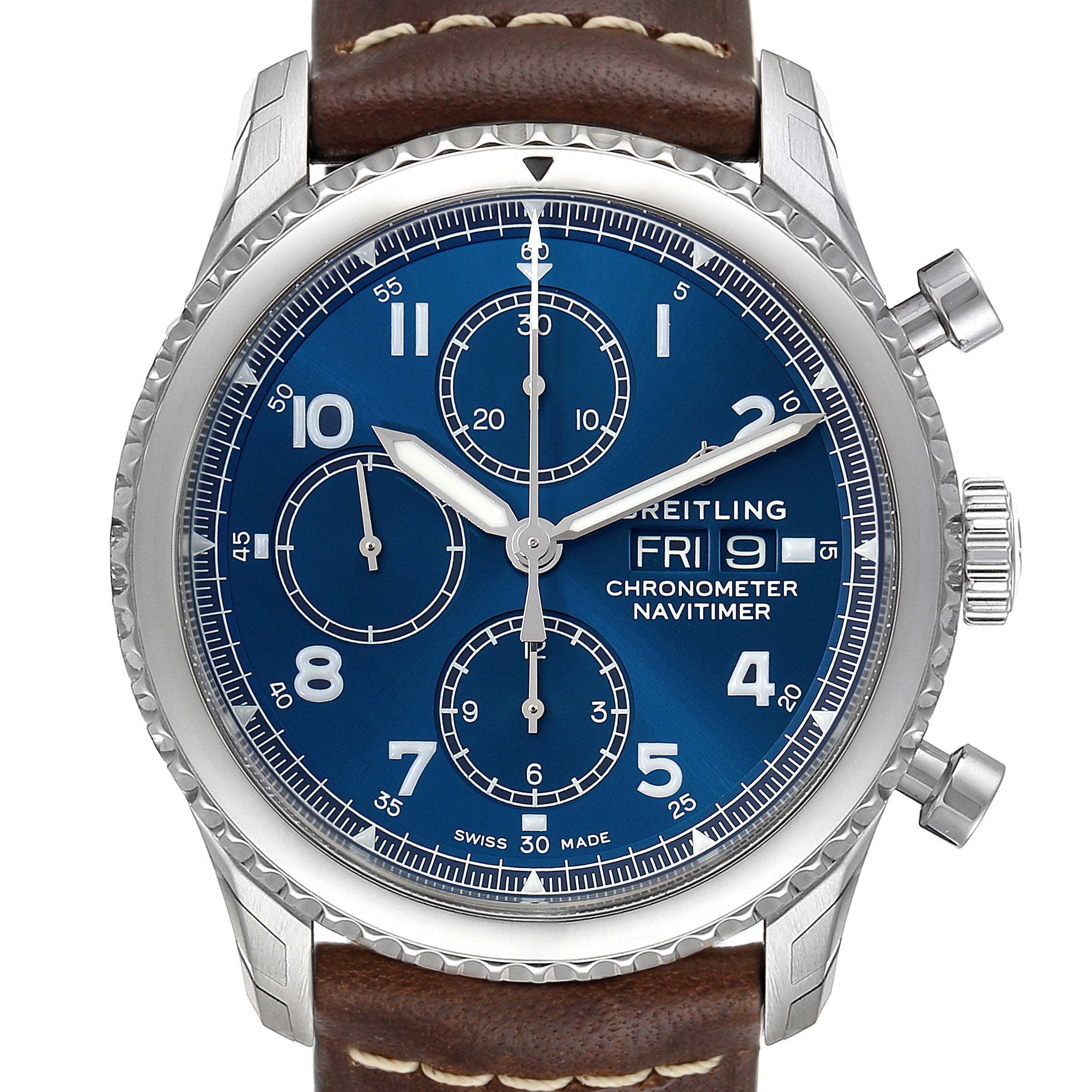 This image shows a frontal view of the Breitling Navitimer A13314101C1X2 Men's Stainless Steel Blue Dial A13314101C1X2 Men's Stainless Steel Blue Dial watch, highlighting the face, chronograph dials, and date display.